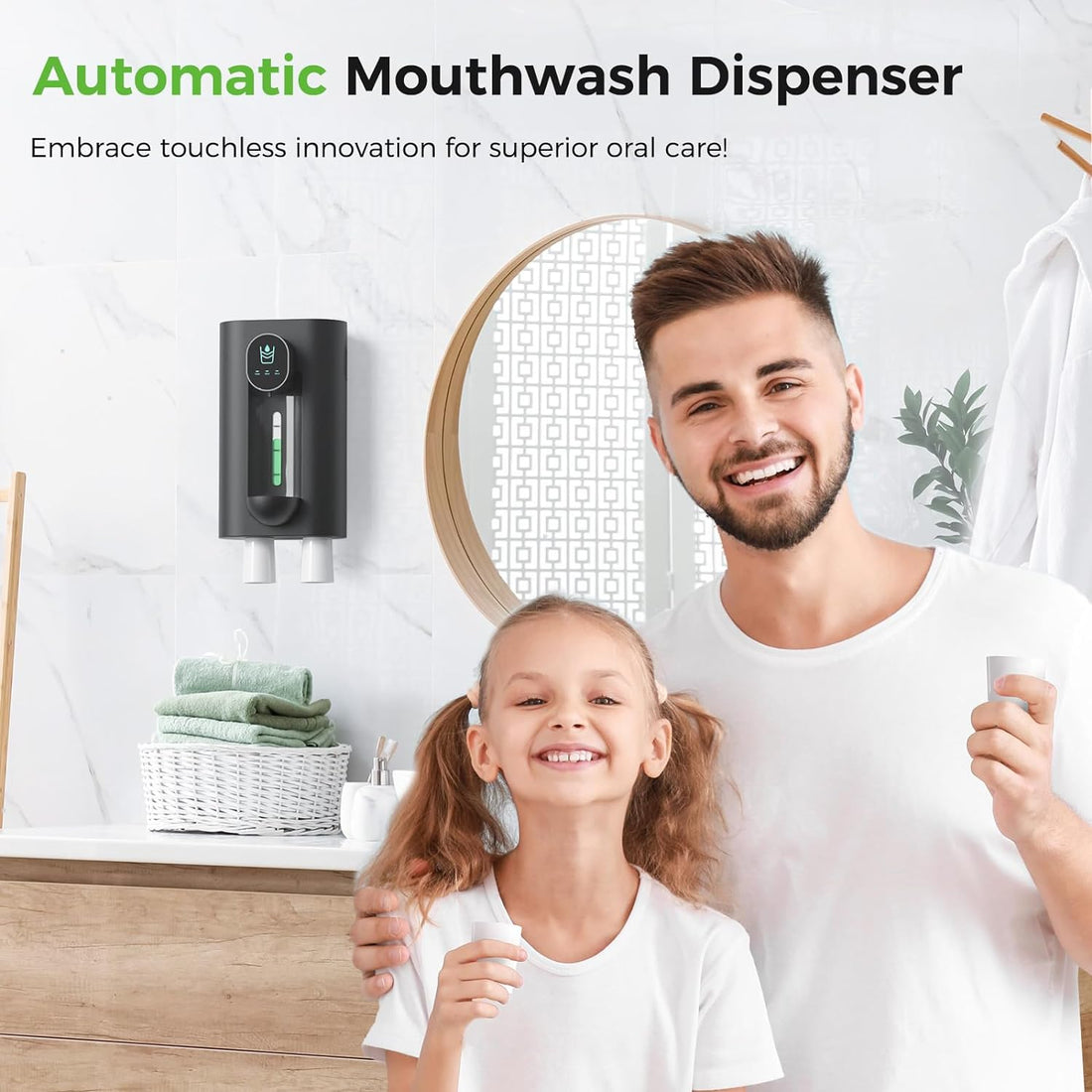 Automatic Mouthwash Dispenser 18.26 oz Touchless Mouthwash Dispenser for Bathroom 2 Magnetic Cup USB Rechargeable and 3 Dispensing Levels with Led Screen Wall-Mounted or Countertop Use-Black