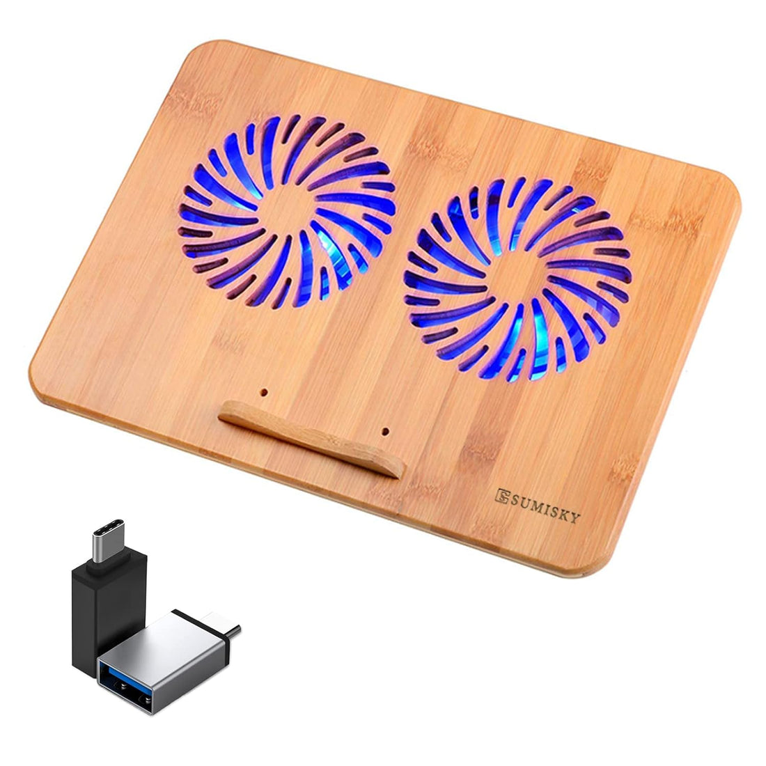 SUMISKY Laptop Stand Cooling Pad 100% Bamboo Adjustable Laptop Desk with 2 Quiet Cooling Fans Blue Light and 2 USB Ports Ergonomic Cooler Pad (15"x11" with 2 Pack USB C to USB Adapter)