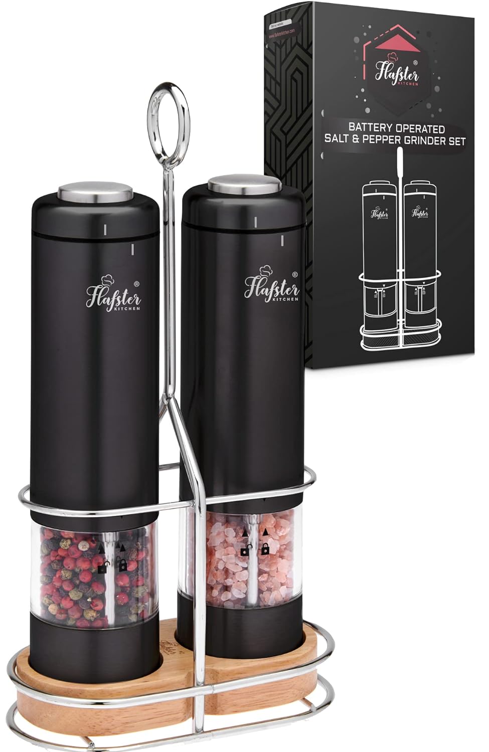 Electric Salt and Pepper Grinder Set -Mate Black Battery Operated Stainless Steel Salt&Pepper Mills(2) by Flafster Kitchen -Tall Power Shakers with Stand - Ceramic Grinders with lights