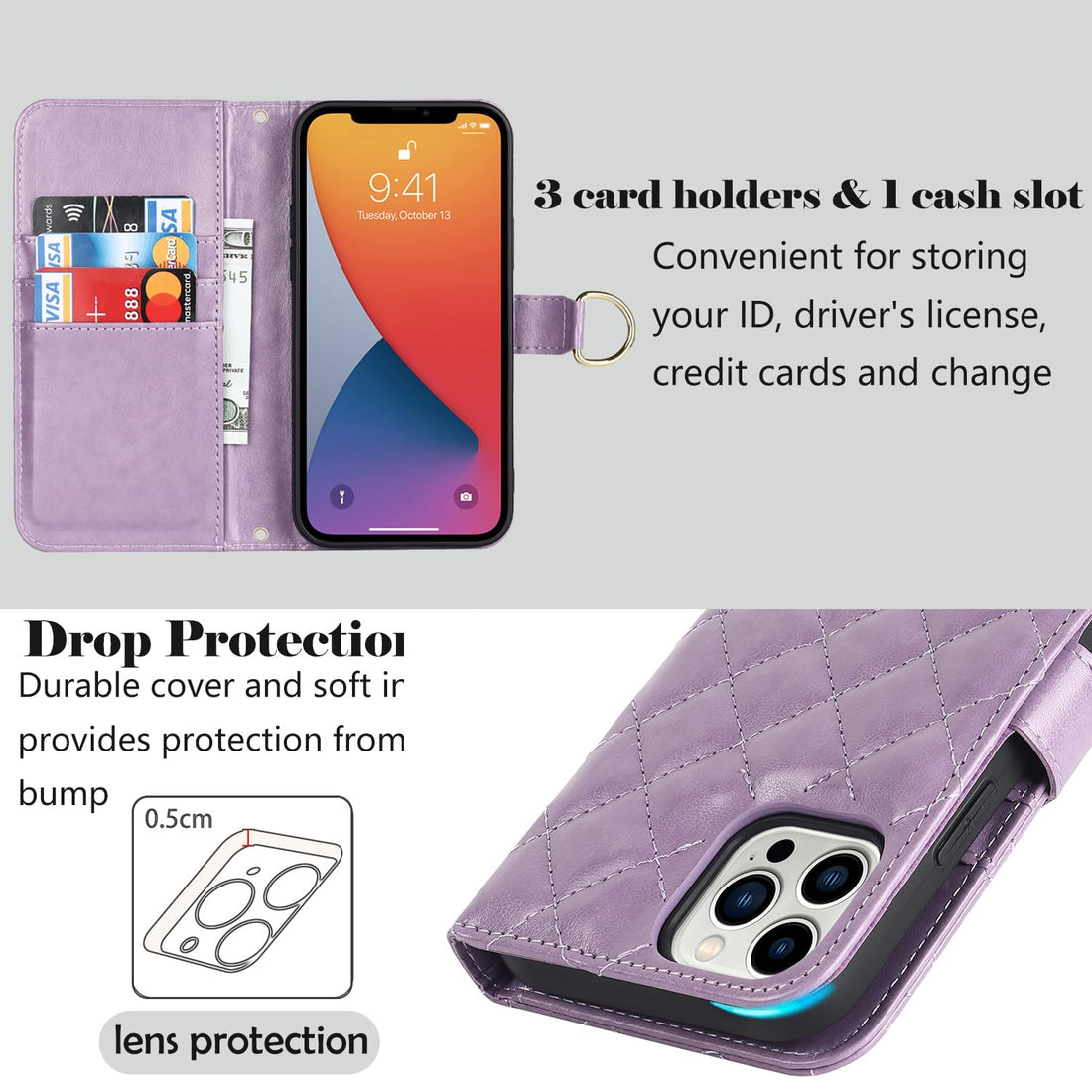 Ｈａｖａｙａ Crossbody Phone case for iPhone 15 pro case with Strap for Women iPhone 15 pro case with Card Holder iPhone 15 pro Wallet case with Credit Card Slot flip Folio Leather Cover-Purple