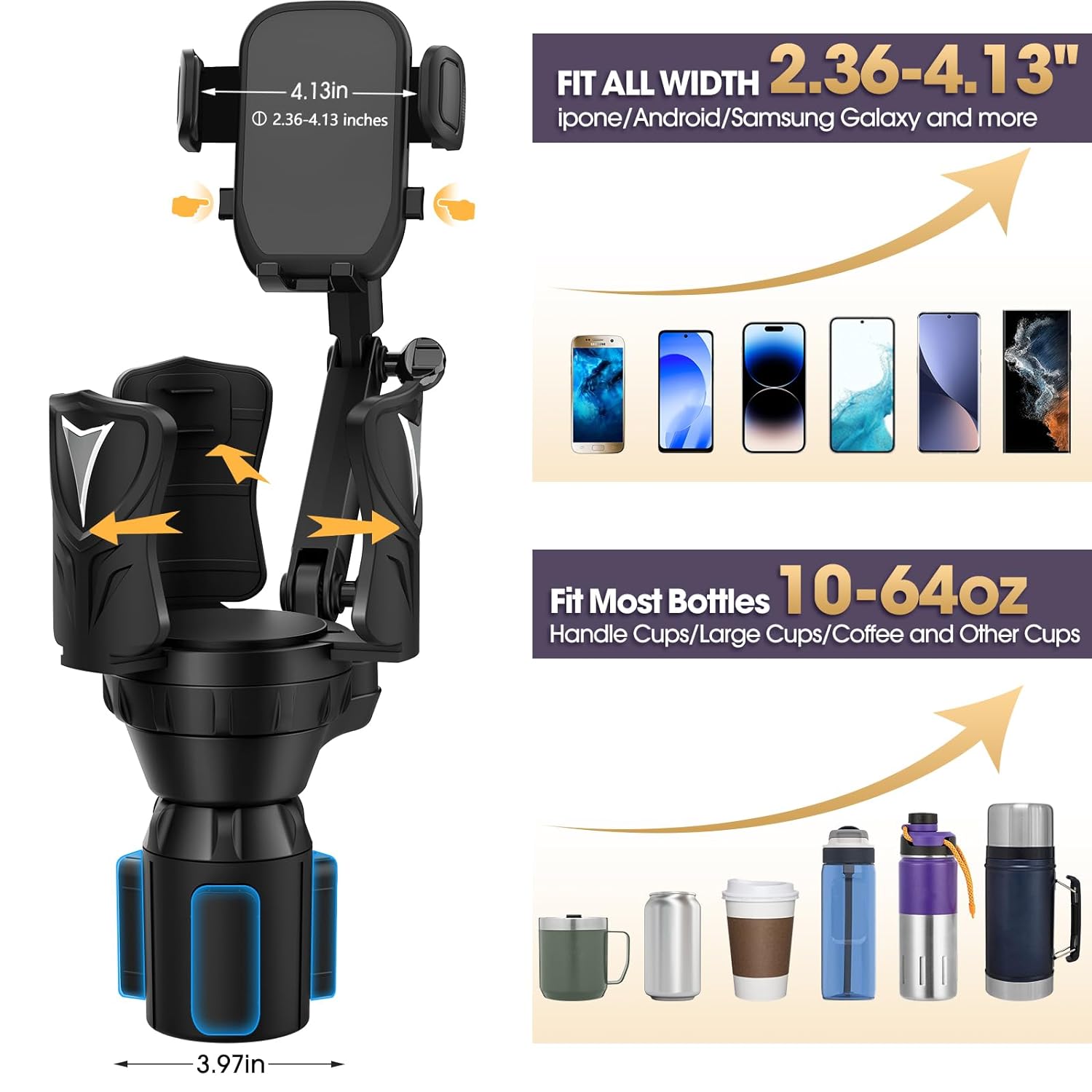 Cup Holder Extender Phone Mount (Adjustable) for Car with Expandable Base, 2-1 Multi Cupholder for Large Drink Bottle Mug and Phone Holder Fits All Smartphone (Black-Cup Holder Phone Mount for car)