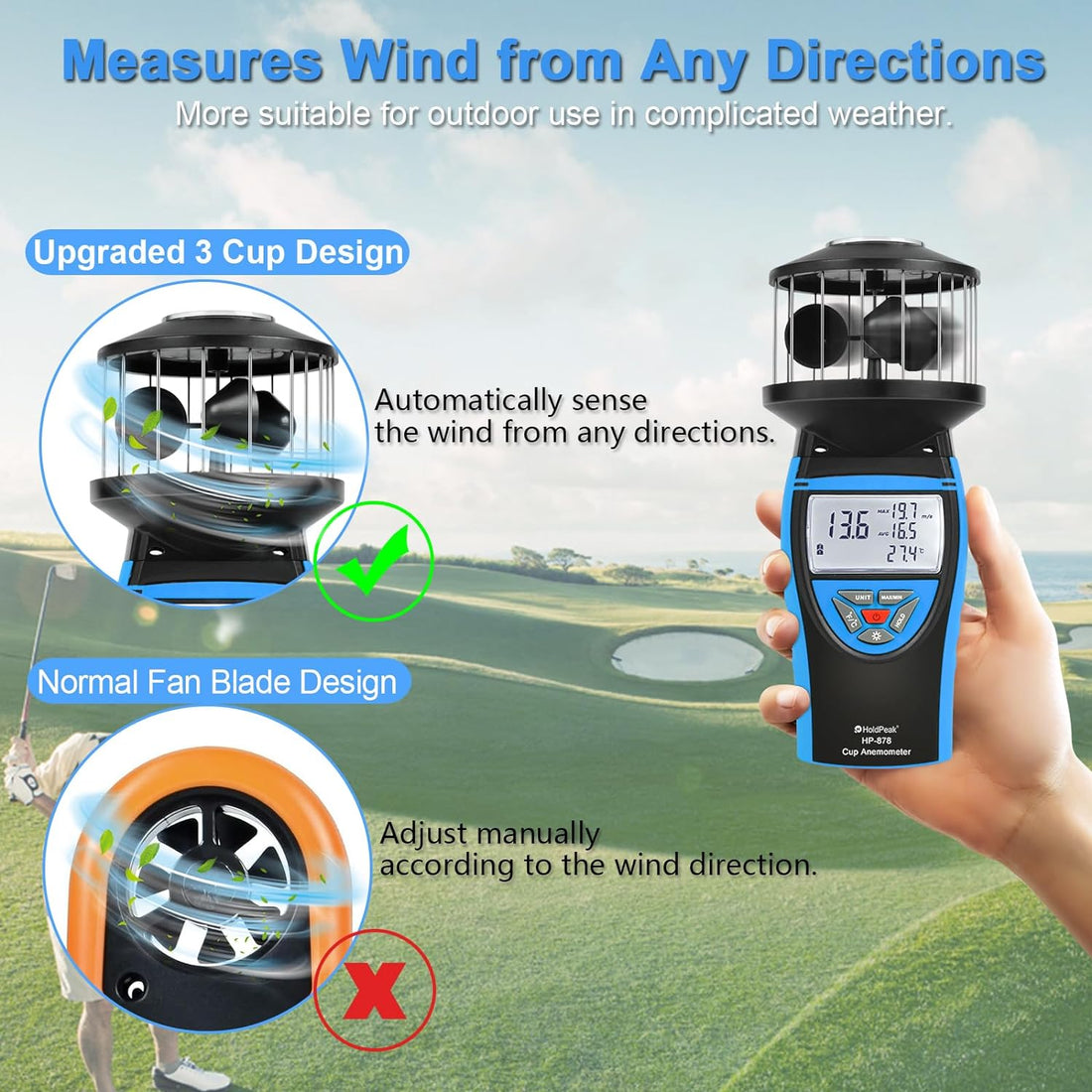 Digital Anemometer with Compass, HOLDPEAK HP-878 Cup Wind Speed Meter for Outdoor with 360° Wind Measuring, 0.7-42m/s High Accuracy Handheld Wind Gauge, LED Display, MAX/MIN, Auto Shut Down, ℃/℉
