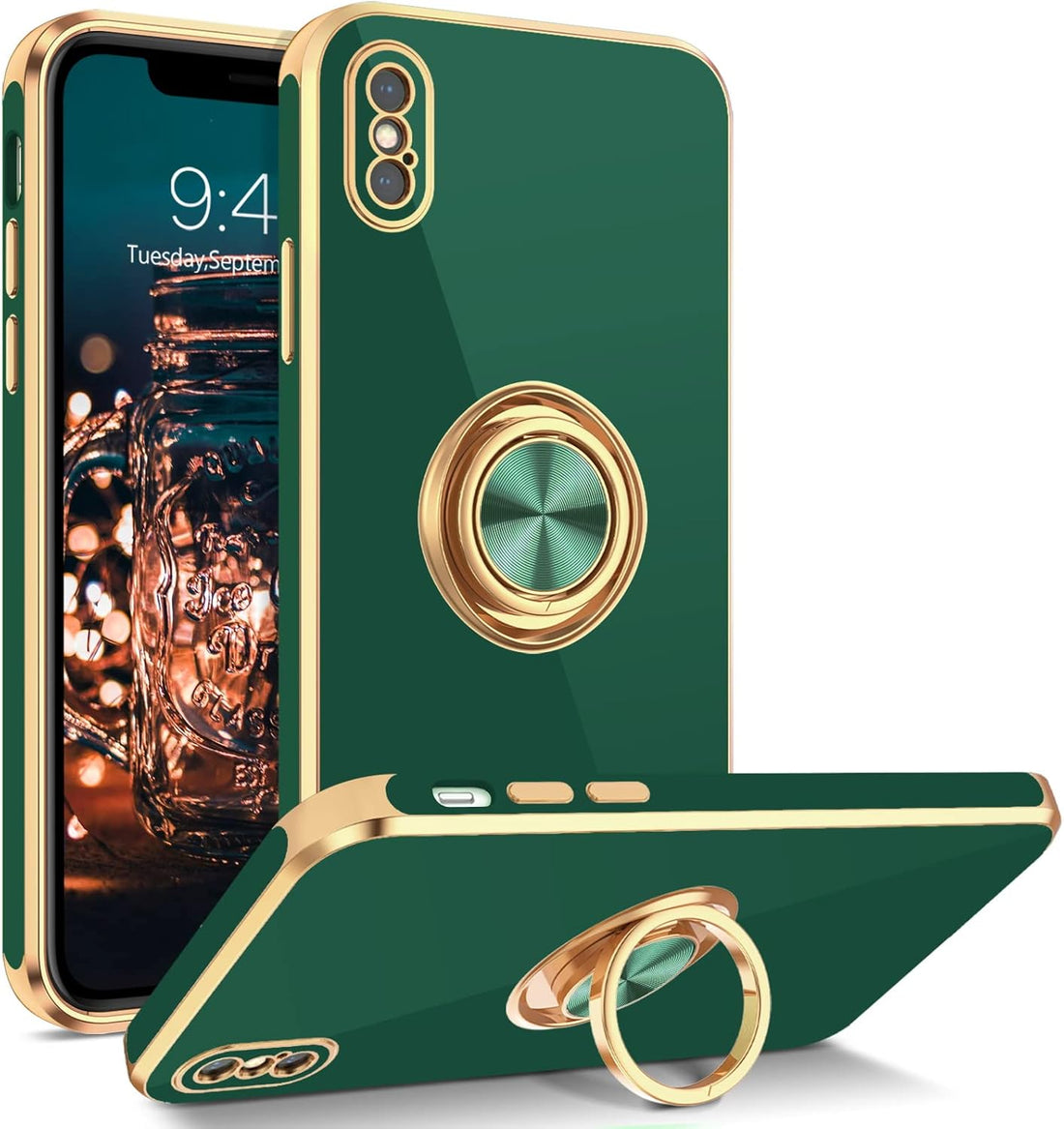 BENTOBEN iPhone Xs Case, Phone Case iPhone X, Slim Fit Sparkly Kickstand Ring Holder Design Shockproof Protection Soft TPU Bumper Drop Protective Girls Women Boys iPhone Xs/X 5.8" Cover, Green/Gold