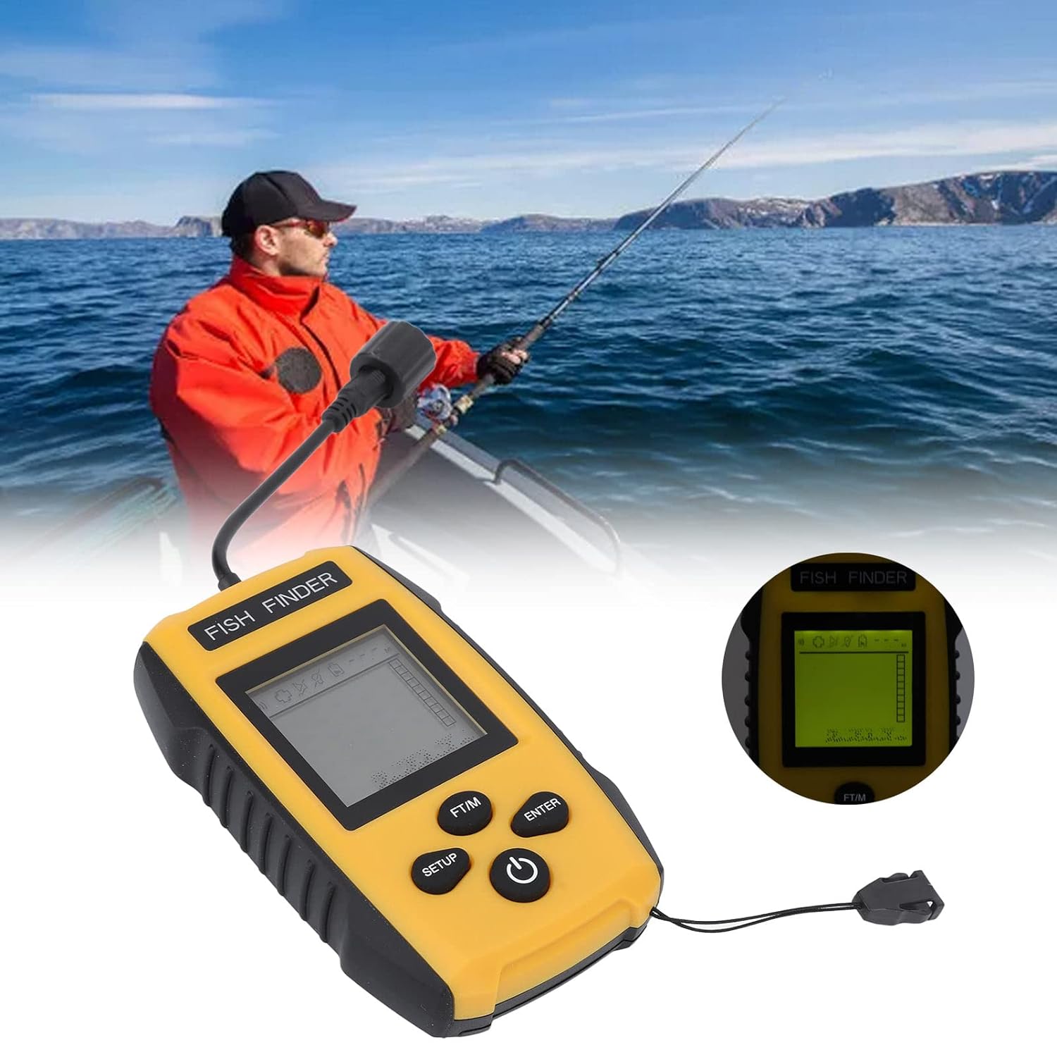 Jauarta Portable Fish Finder Sonar Sensor Kayak Wired Handheld Fish Depth Finder with LCD Display for Boat Lake Sea Ice