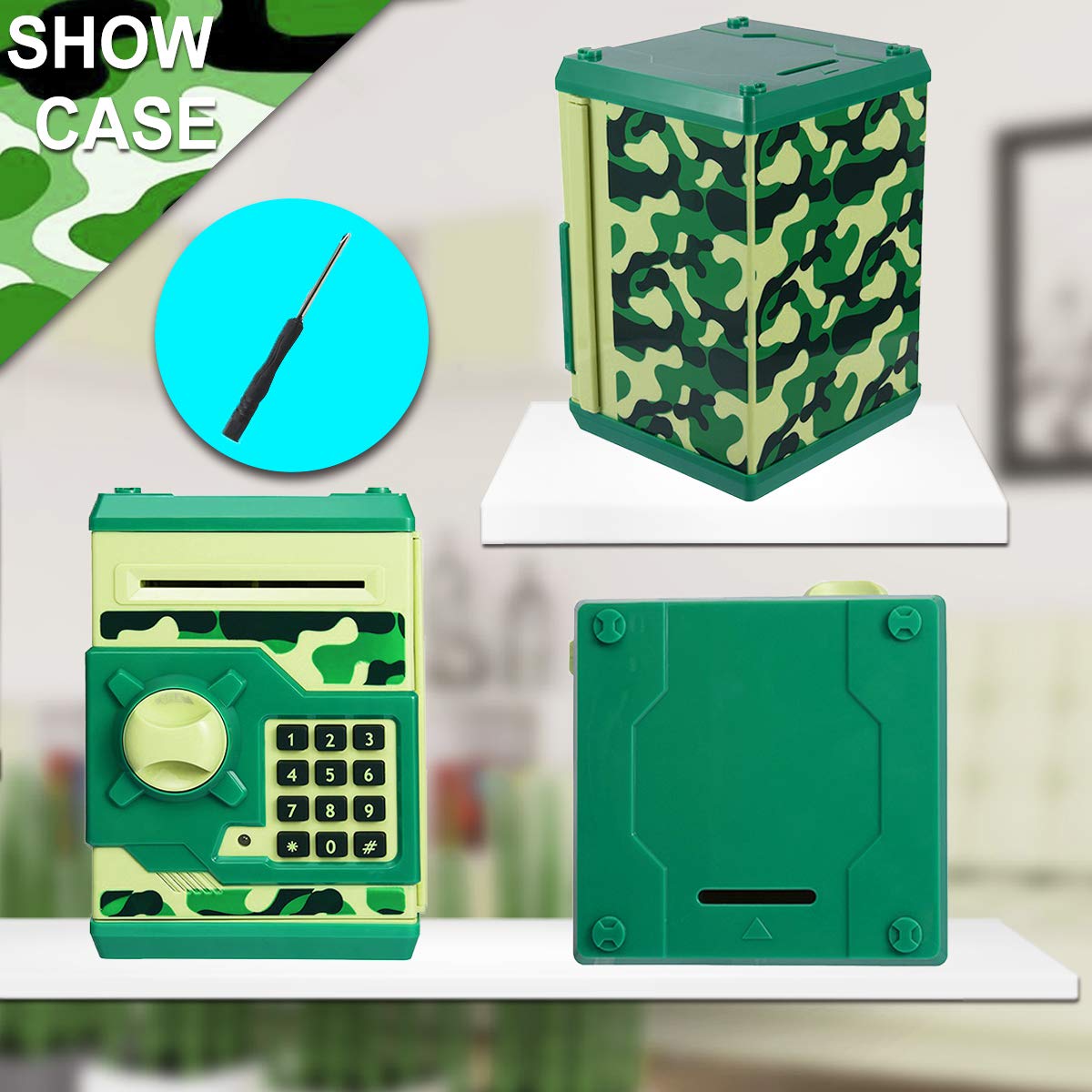 TOPBRY Piggy Bank for Kids,Electronic Password Piggy Bank Kids Safe Bank Mini ATM Piggy Bank Toy for 3-14 Year Old Boys and Girls (Camouflage Green)