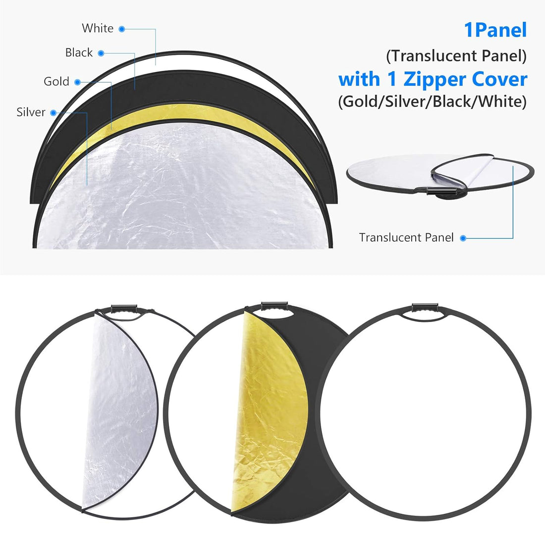 Neewer 5-in-1 Portable Round 43 in/110cm Light Reflector Collapsible Multi-Disc with Single Grip and Bag for Studio Photography Lighting and Outdoor Lighting - Gold/Silver/White/Black/Translucent
