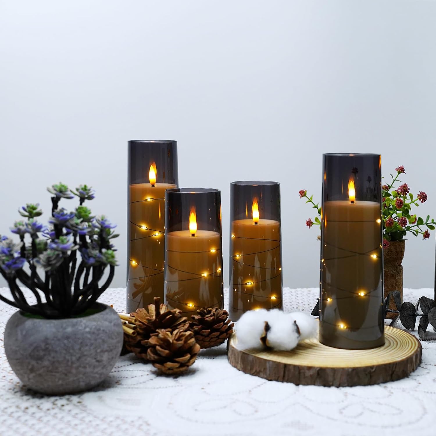 kakoya Flameless LED Candles with Timer Set of 5 Flickering Votive Candles for Romantic Ambiance and Wedding Ceremonies - Durable Acrylic Shell, with Embedded Star String，Battery Operated（Grey）