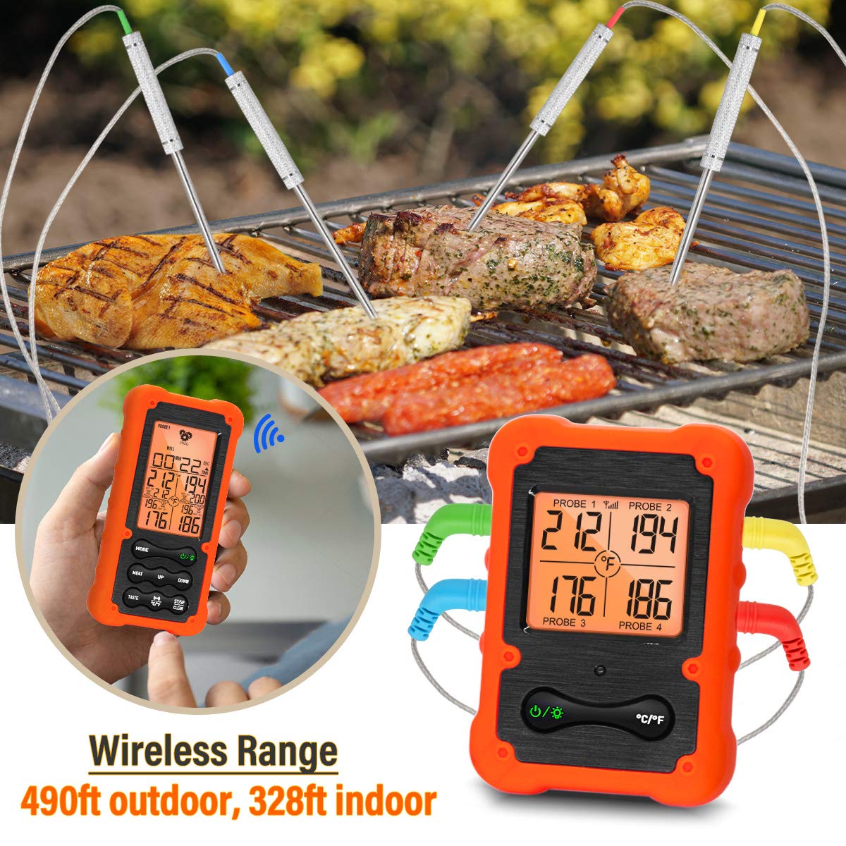 Grill Smoker BBQ Cooking Food Thermometer Oven Safe - Digital Wireless Meat Thermometer for Grilling Smoking with 4 Probes - Kitchen Deep Fry Oil Baking Liquids Steak Turkey Candy Thermometer