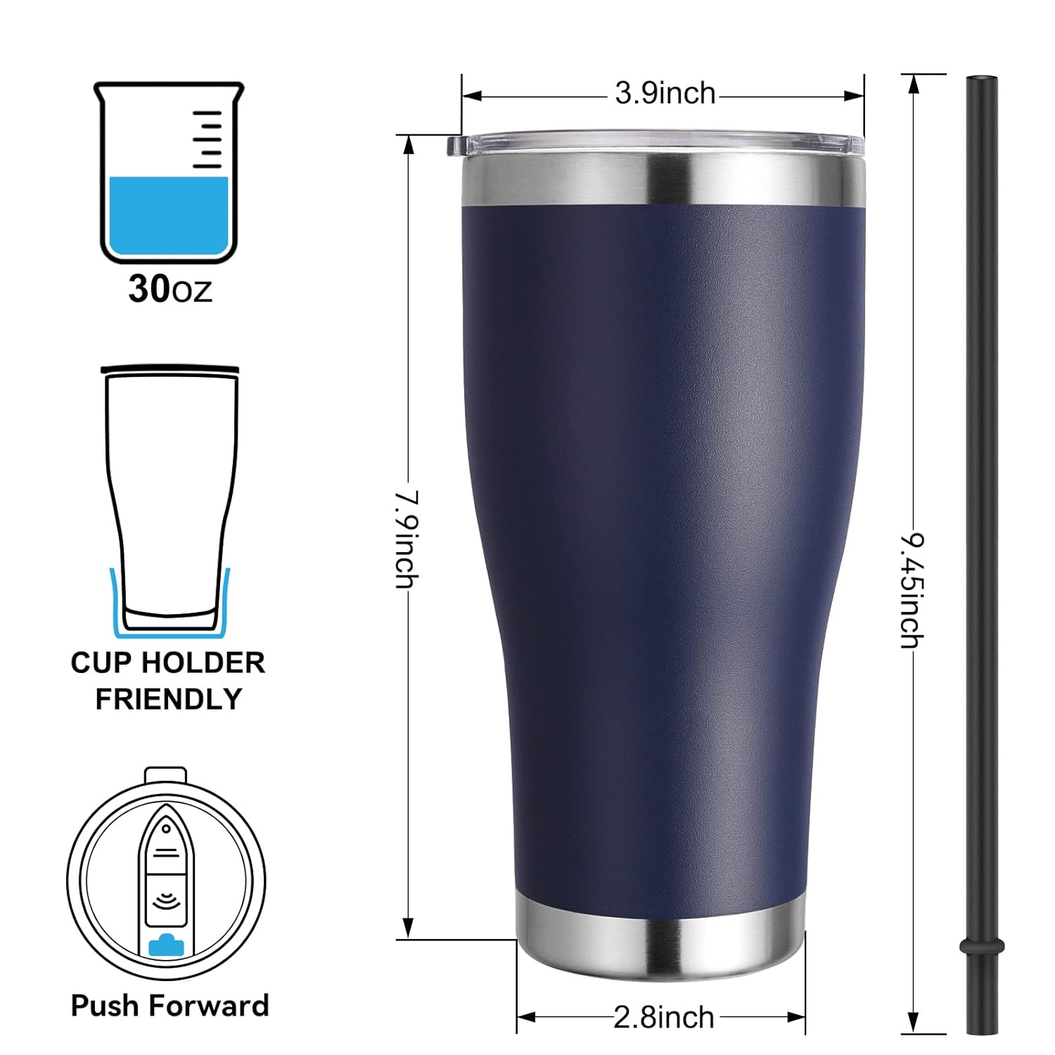 DOMICARE 30 oz Tumbler with Lid and Staw, Stainless Steel Tumblers Bulk, Insulated Vacuum Double Wall Coffee Travel Mug, Powder Coated Tumbler, Navy 4 Pack