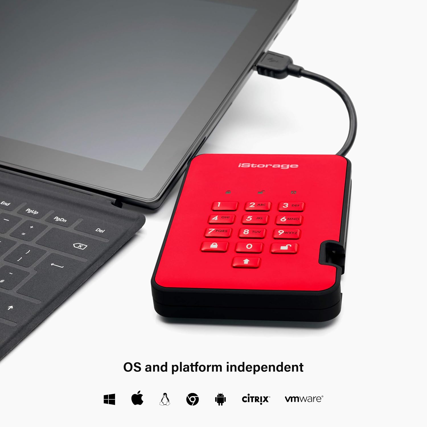 iStorage diskAshur2 HDD 2TB Red - Secure portable hard drive - Password protected, dust and water resistant, portable, military grade hardware encryption USB 3.1 IS-DA2-256-2000-R