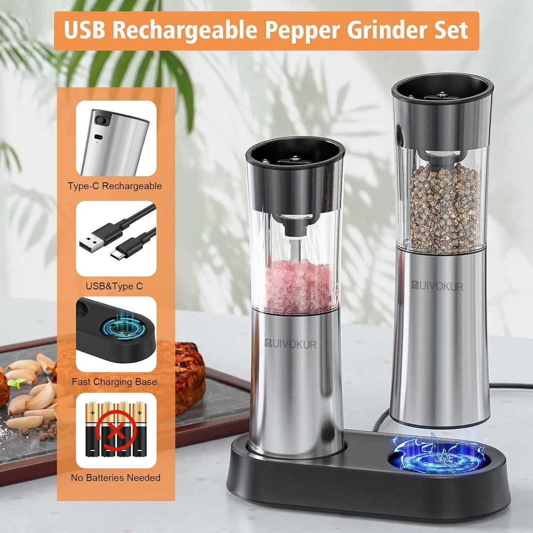 RUIVOKUR Automatic Salt and Pepper Grinder Set, Electric Salt and Pepper Grinder Set Rechargeable with Charging Base, 2 Pack USB Electric Pepper Grinder with Adjustable Coarseness for Kitchen