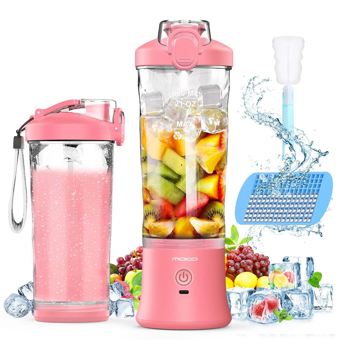MoKo Portable Blender, 270 Watt Personal Blender for Shakes and Smoothies,21OZ Personal Blender USB Rechargeable with 6 Blades, BRA Free, Smoothie Blender for Kitchen Sports Travel and Outdoors, Pink