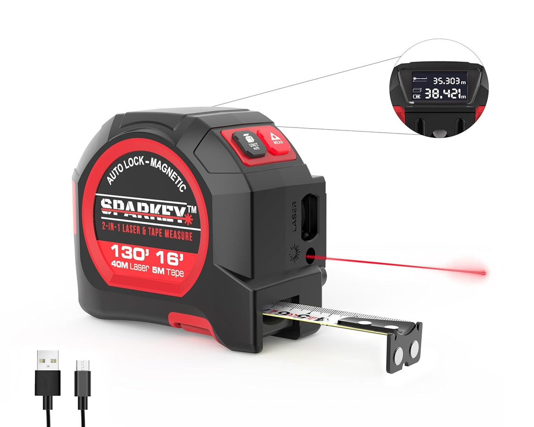 SPARKEY 2-in-1 Laser Tape Measure, 130ft Laser/16ft Measuring Tape, USB Rechargeable, Class II - Area/Volume, Ft/Inch/Fit+Inch/M-Distance Meter, Dual Measuring Tool w/Magnetic & Auto Lock Hook