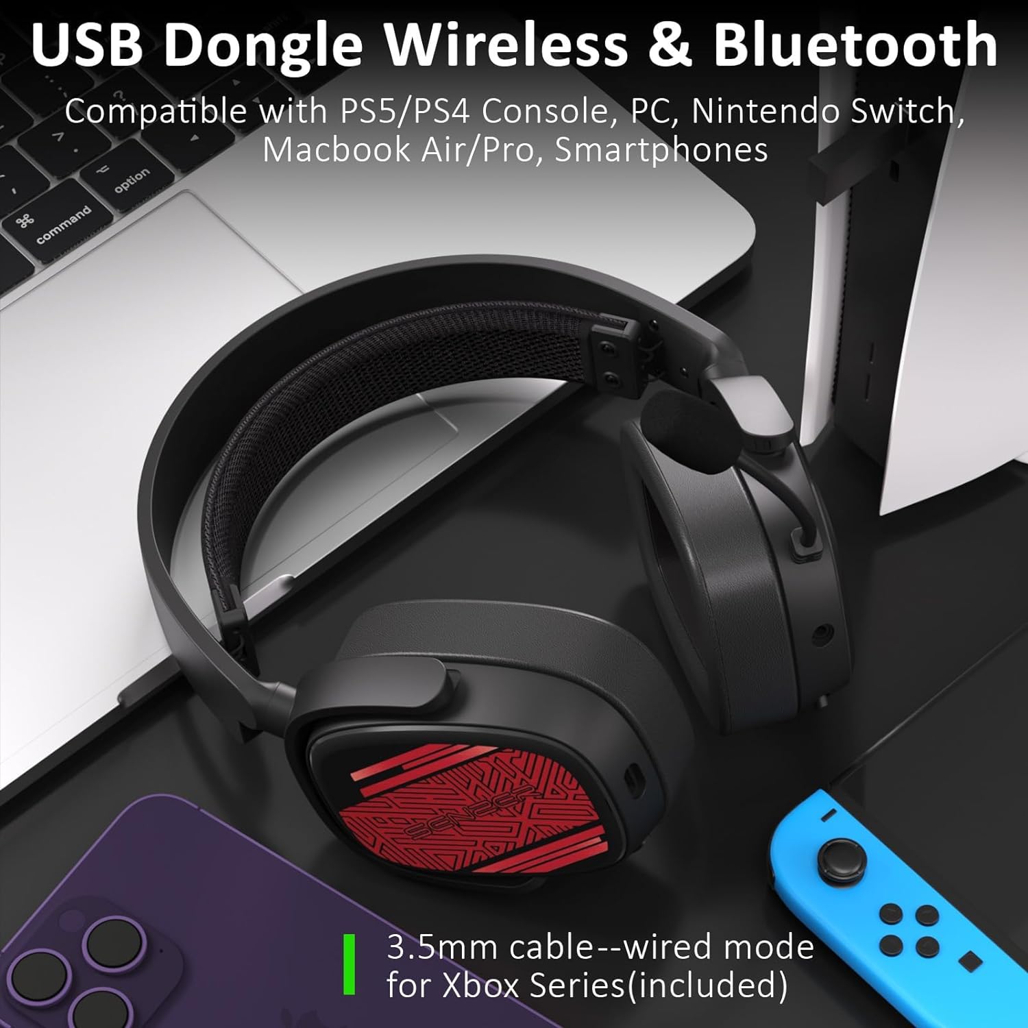 SENZER X100 Wireless Gaming Headset for PS5 PS4 PC Switch Bluetooth Gaming Headphones with Mic - Superior In-Game Sound, Memory Foam Pad Comfort Fit, Interchangeable Cover - w/3.5mm Wired for Xbox One