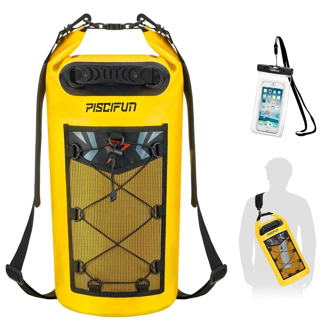 Piscifun Waterproof Dry Bag Backpack 20L Floating Dry Backpack with Waterproof Phone Case for Water Sports - Fishing Boating Kayaking Surfing Rafting Camping Gifts for Men and Women Yellow