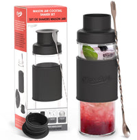 Masontops Cocktail Shaker Set – Glass Mason Jar Drink Shaker – 4 PC Set with Metal Swizzle Stick - Black