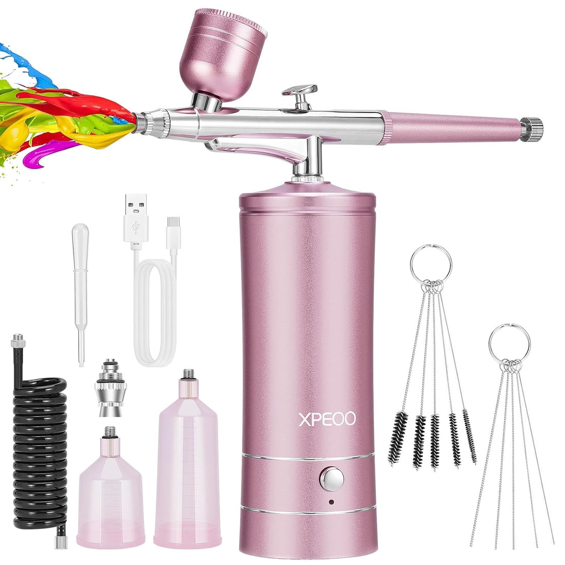 Airbrush KIT Cordless Rechargable with Compressor Portable Air Brush Sets,Auto Handled for Model Painting,Nail,Make Up,Tattoo, Pink