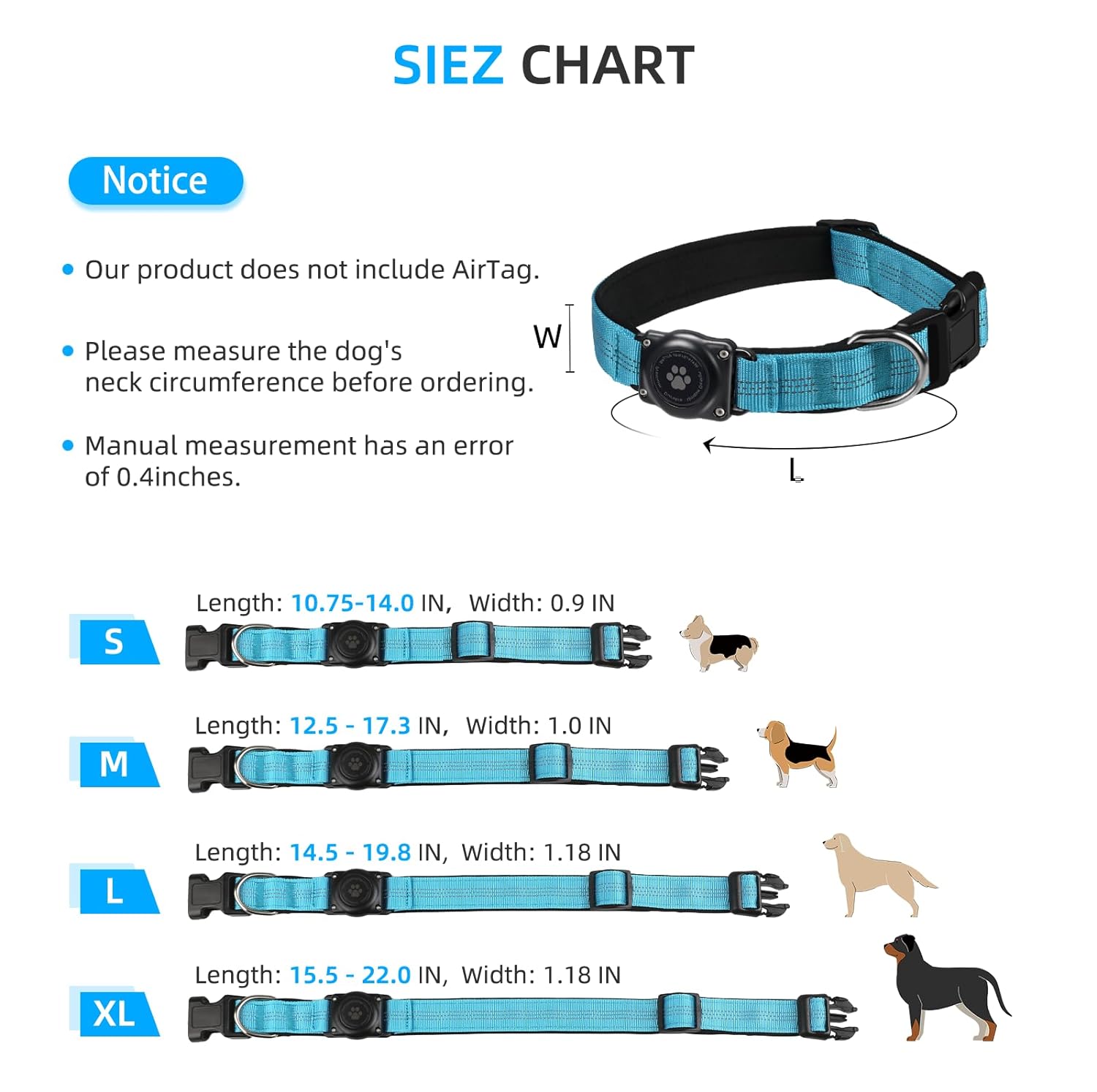 Integrated AirTag Dog Collar, IPX8 Waterproof Air Tag Holder, Reflective for Safety, Dustproof, Ultra-Durable, Comfortable Padded, Fits Dogs (Blue, S)