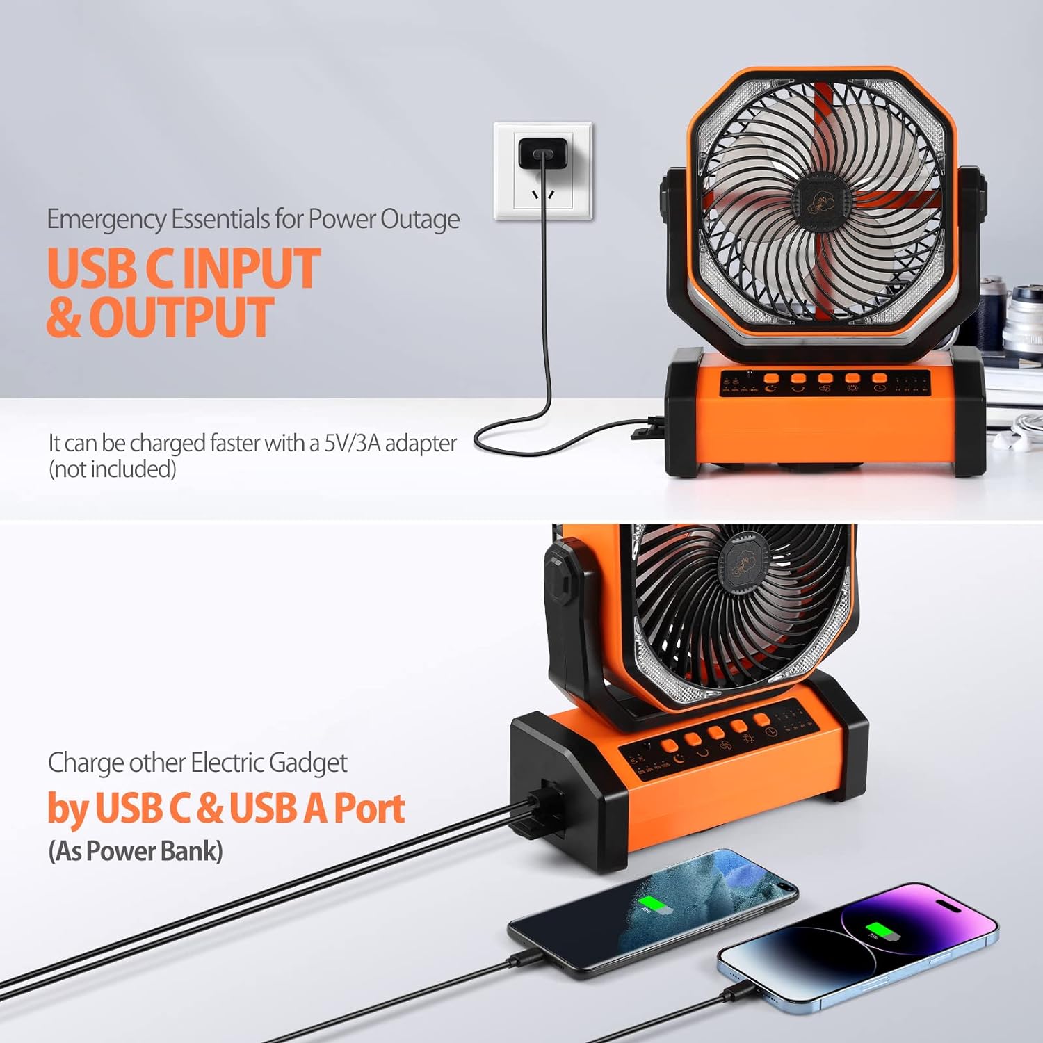 20000mAh Battery Operated Fan for Camping, Portable Fan with Remote and Timer, 60H Work and 4 Speed, Auto Oscillating fan With Light and Hook for Camping, Trip, Emergency Power Outage