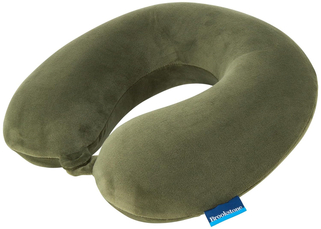 Brookstone Memory Foam Travel Neck Pillow for Vacations, Airplanes, Trains, Buses, and Cars, Size One Size, Olive