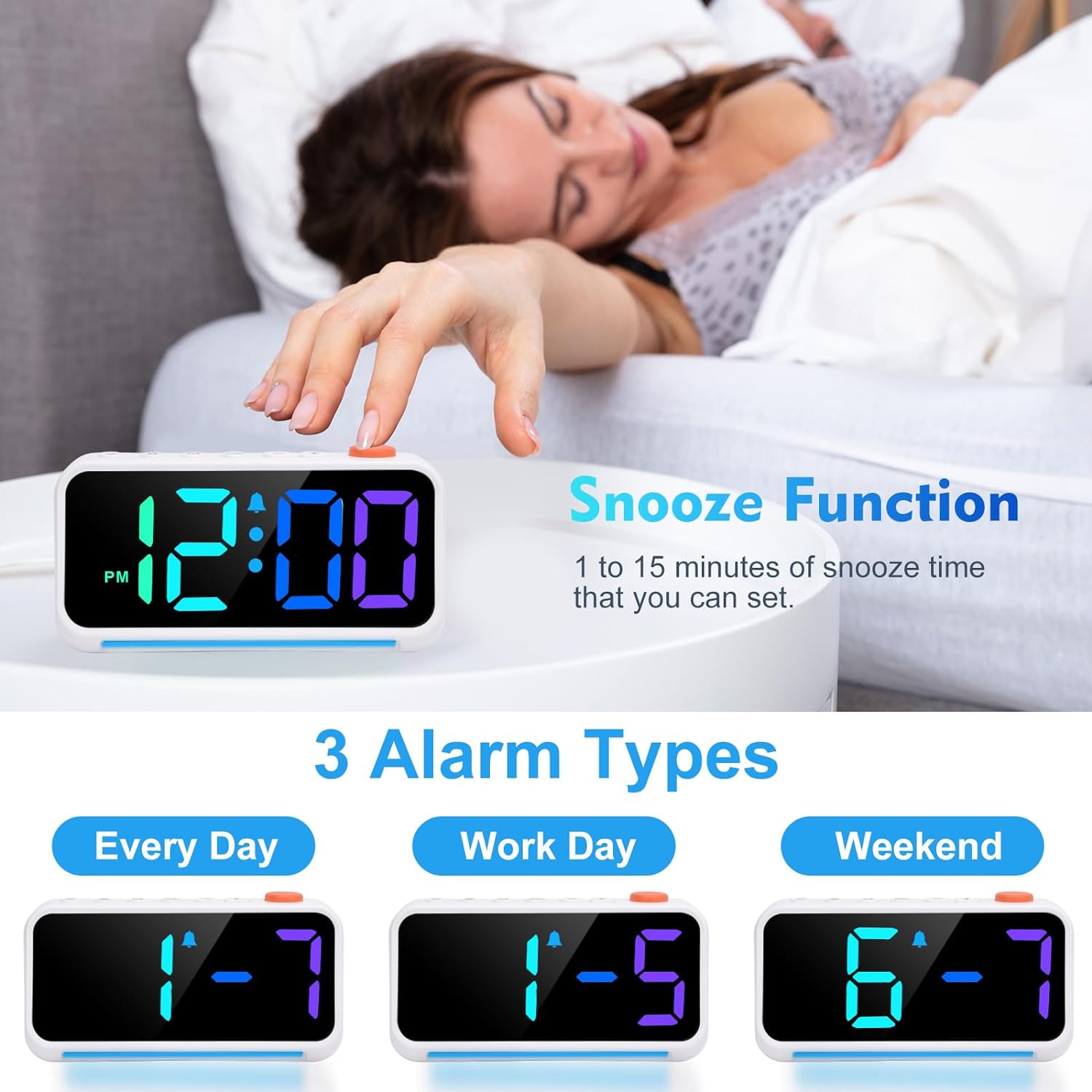 [RGB] Digital Alarm Clock for Bedroom, Dynamic RGB Color Changing, 7 Color Night Light, 3 Alarm Types, Adjustable Snooze Function, with USB Charger Port and Dimmer, for Kids, Teens, Heavy Sleepers