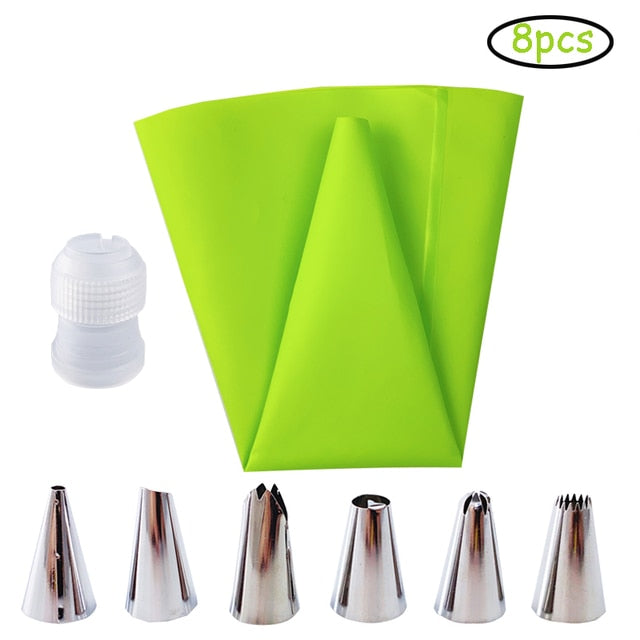 8-Piece Silicone Pastry Bag and Stainless Steel Nozzle Set for Cake Decorating