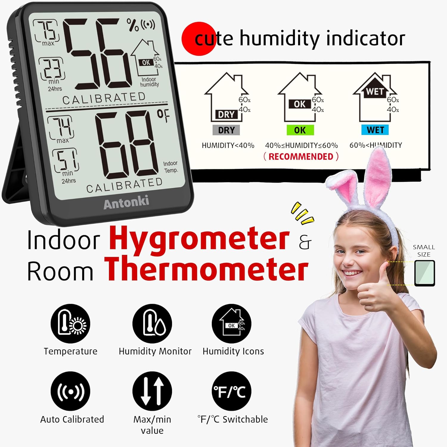 Antonki Indoor Thermometer for Home, 2 Pack Digital Temperature and Humidity Monitors, Indoor Hygrometer Humidity Meter, Humidity Gauge for Baby Room, Office, Terrarium, Incubator, Greenhouse
