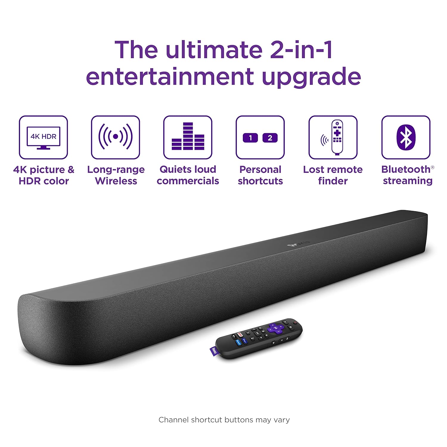 Roku Streambar Pro | 4K/HD/HDR Streaming Media Player & Cinematic Sound, All In One, includes Roku Voice Remote with Headphone Jack for Private Listening, Personal Shortcut Buttons, and TV Controls