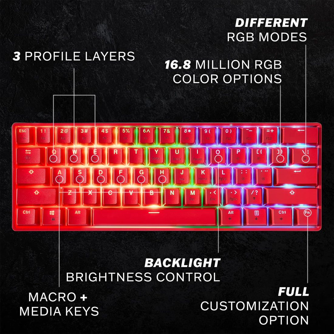 HK Gaming GK61 Mechanical Gaming Keyboard - 61 Keys Multi Color RGB Illuminated LED Backlit Wired Programmable for PC/Mac Gamer (Gateron Optical Brown, Red)