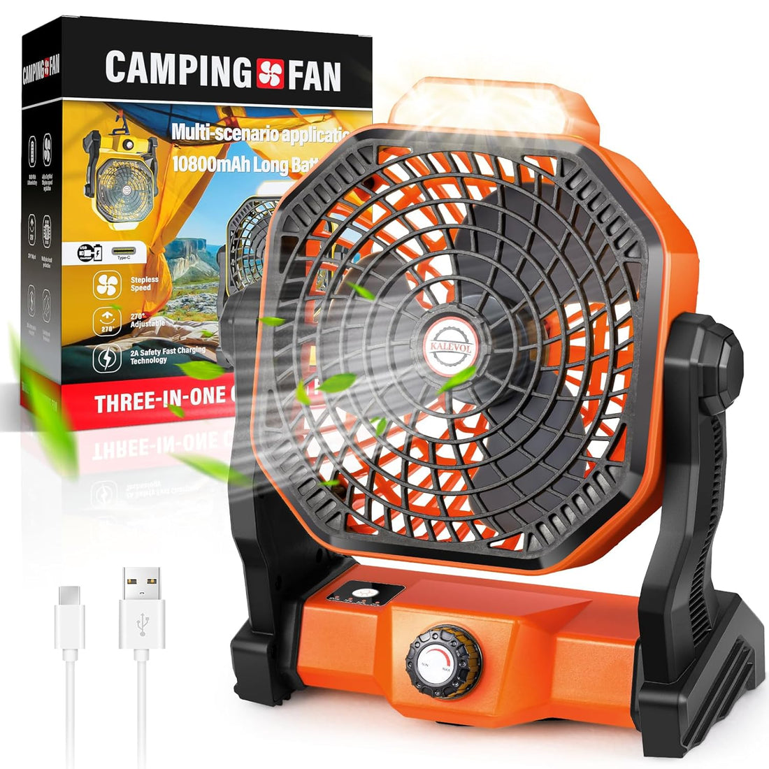 Camping LED Fan with Light，10-Inch Rechargeable Outdoor Tent Fan, Head Rotation, Stepless Speed and USB Fan for Picnic, Barbecue, Fishing, Worksite