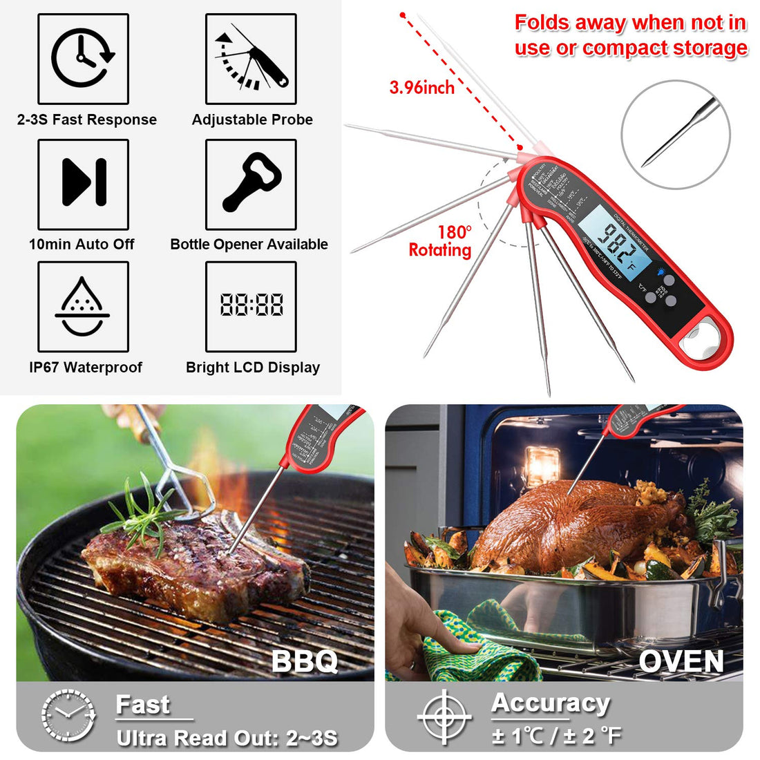 Digital Instant Read Meat Thermometer, Waterproof Ultra Fast Food Thermometer with Backlight and Calibration, Kitchen Cooking Thermometer Probe for Grilling Oven Smoker BBQ, Red