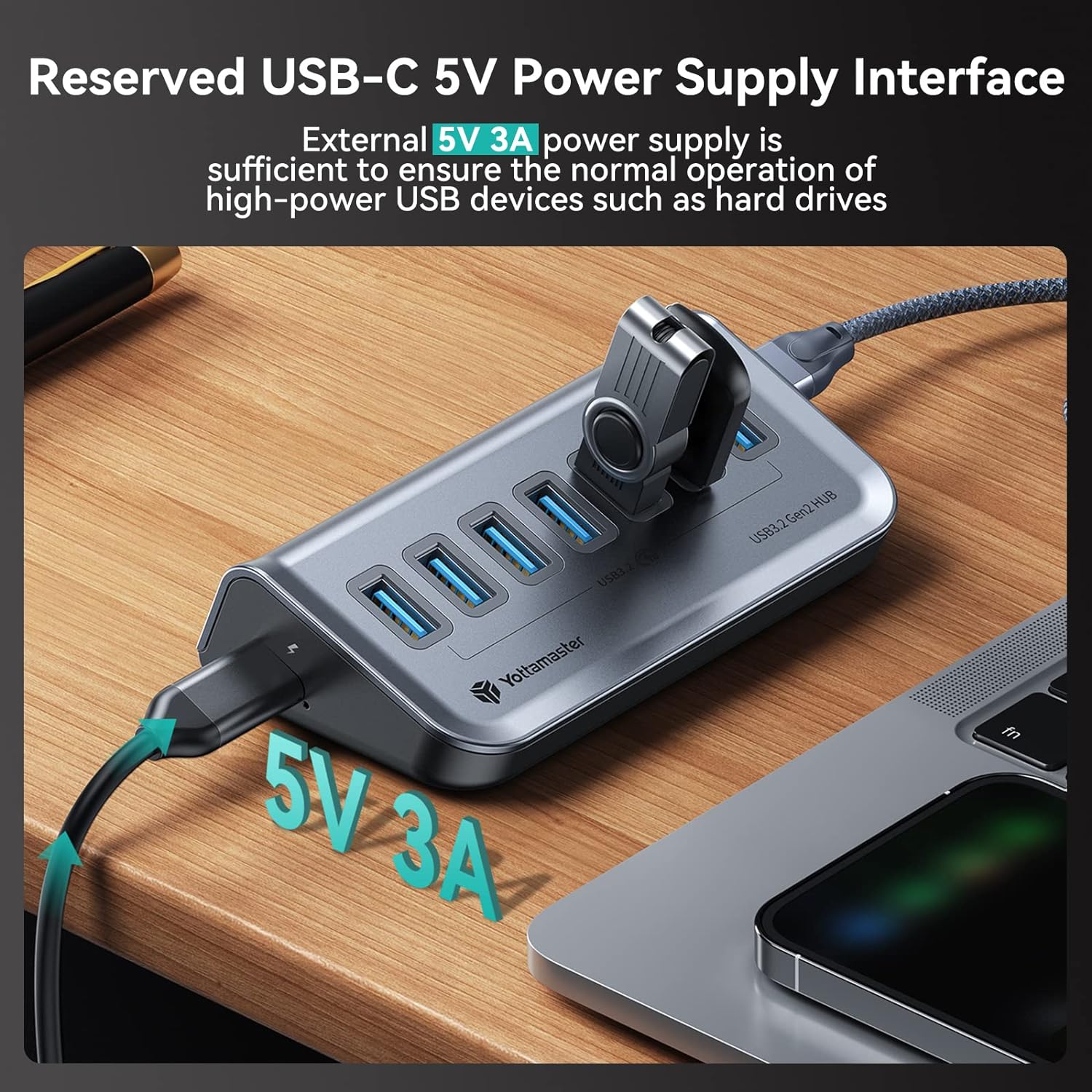 Yottamaster USB 3.1 Hub 7 Ports, Powered USB Hub 5V/3A, Type C to USB 3.2 Gen2 Data Hub with USBC to USBA Adapter for Laptop, iMac, Surface Pro, XPS, USB Flash Drives, Mobile HDD, and More(1.6ft)