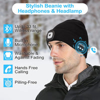 Bluetooth Beanie Hat with Light, Unisex LED Cap with Headphones Built-in Stereo Speakers & Mic, Tech Gift for Men Women Dad