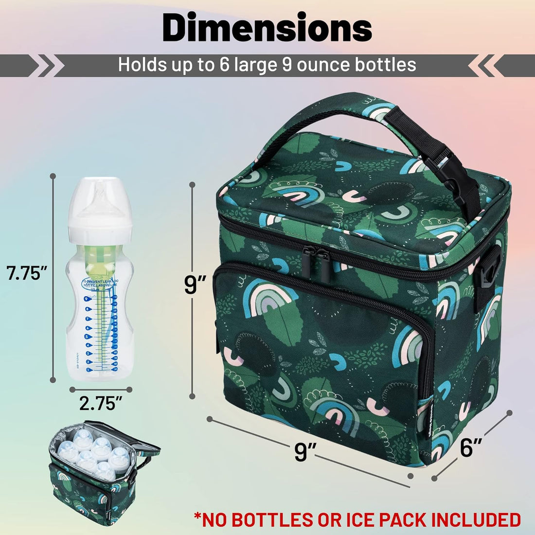 Insulated Breastmilk Cooler Bag With 3 Pockets - Waterproof Baby Bottle Cooler Bag Can Hold 6 Large 9 Ounce Bottles - The Perfect Tote Bottle Bag For Daycare, Nursing Moms, Travel - Green Rainbows