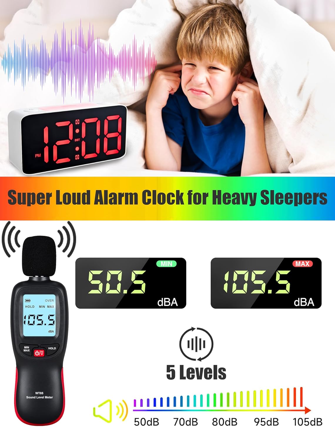 AYRELY Digital Alarm Clock for Bedroom - Dual Loud Alarms, Large Night Light with 7 Colors,Adjustable Volume,Dimmer,Desk Clock with USB Charger, Ok to Wake Up for Kids,Teens