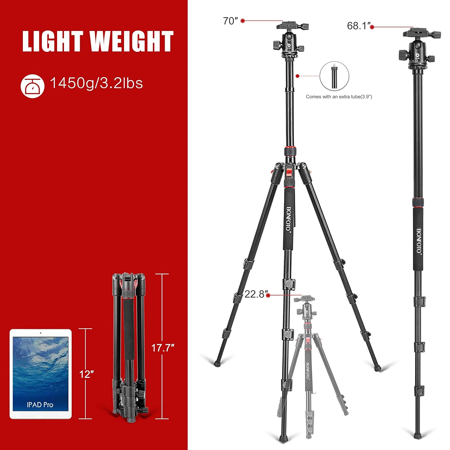 70 Inches Tripod, Lightweight Aluminum Camera Tripod for DSLR, Photography Tripod with 360 Degree Ball Head 1/4" Quick Release Plate Load up to 18 Pounds