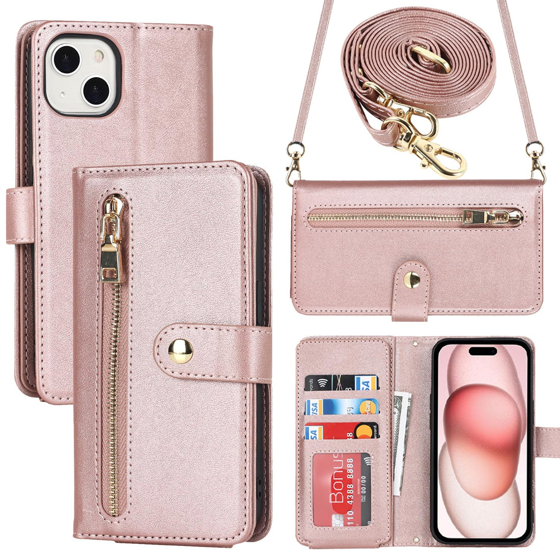 Ｈａｖａｙａ Compatible with iPhone 15 Case Wallet with Card Holder Compatible with iPhone 15 Phone case for Women,Flip Crossbody Zipper Wallet case with Credit Card Holders-Rose Gold