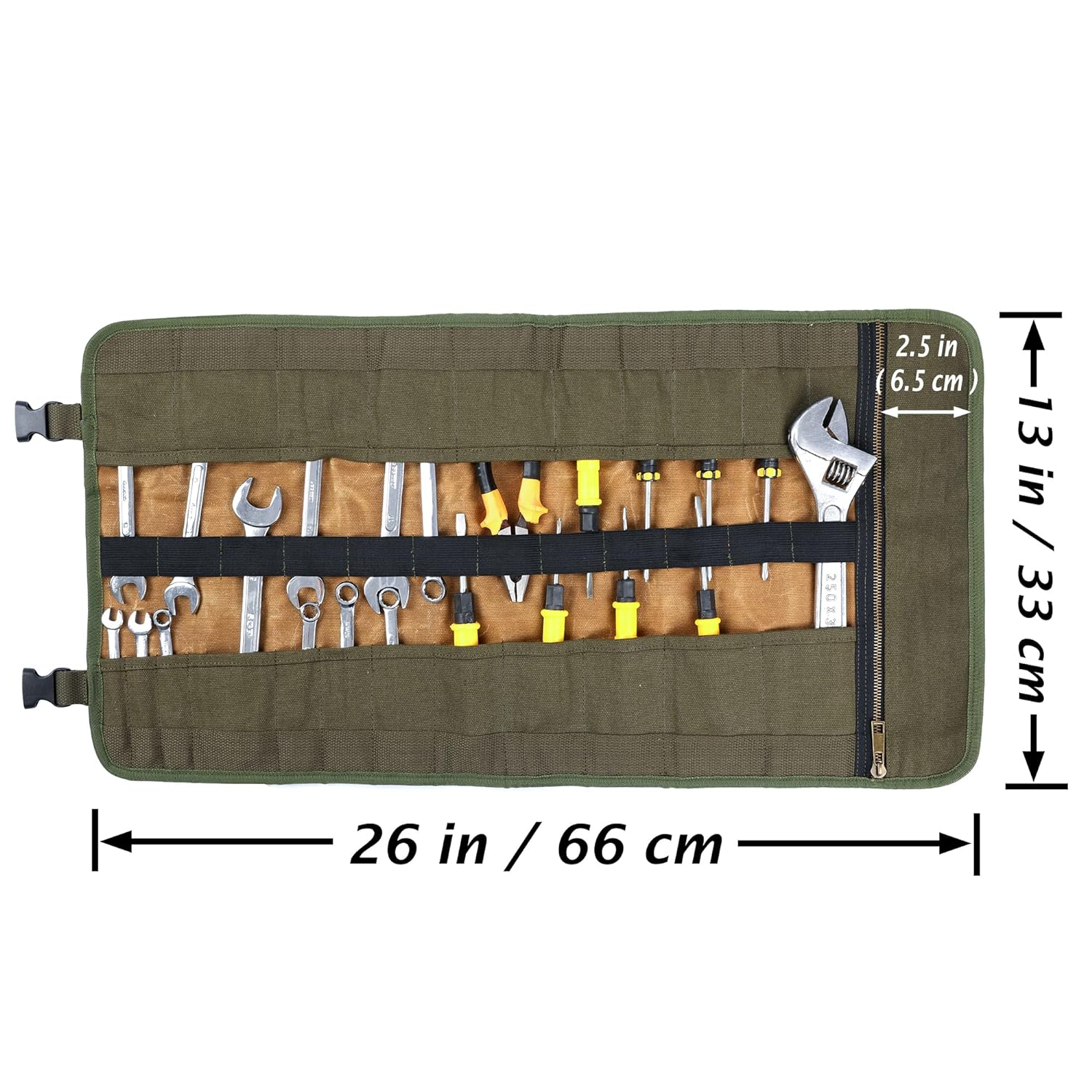 Tool Roll Up Pouch, 16oz Waxed Canvas Tool Roll with Handle, 23 Pockets and 2 Adjustable Buckles Multi-Purpose Tool Organizer Roll (Khaki), Durable Tool Roll