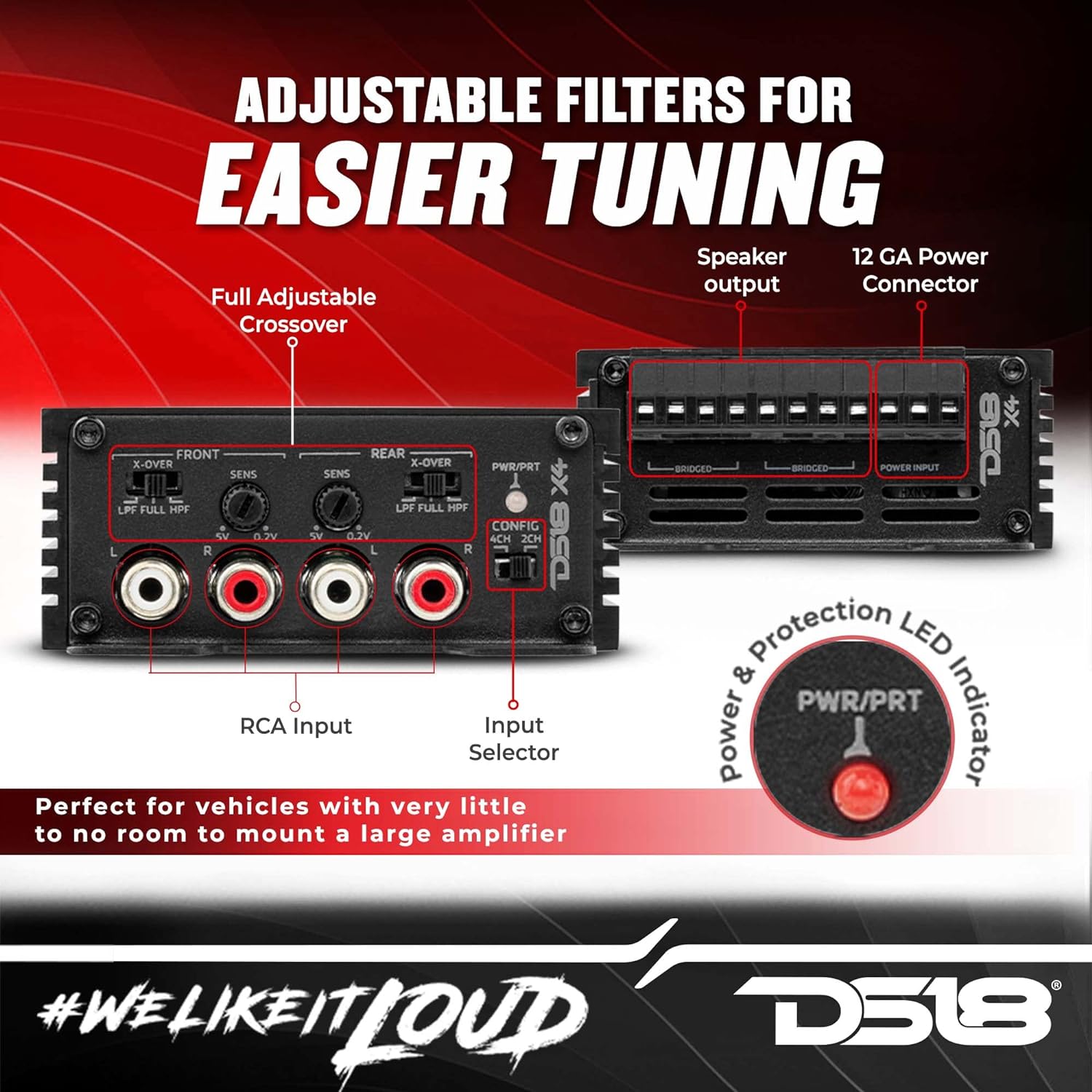 DS18 X4 Ultra Compact Amplifier - 4 Channel, Full Range, Class D, 1400 Watts - Ultra Small Size for Easy Installation on Many Applications