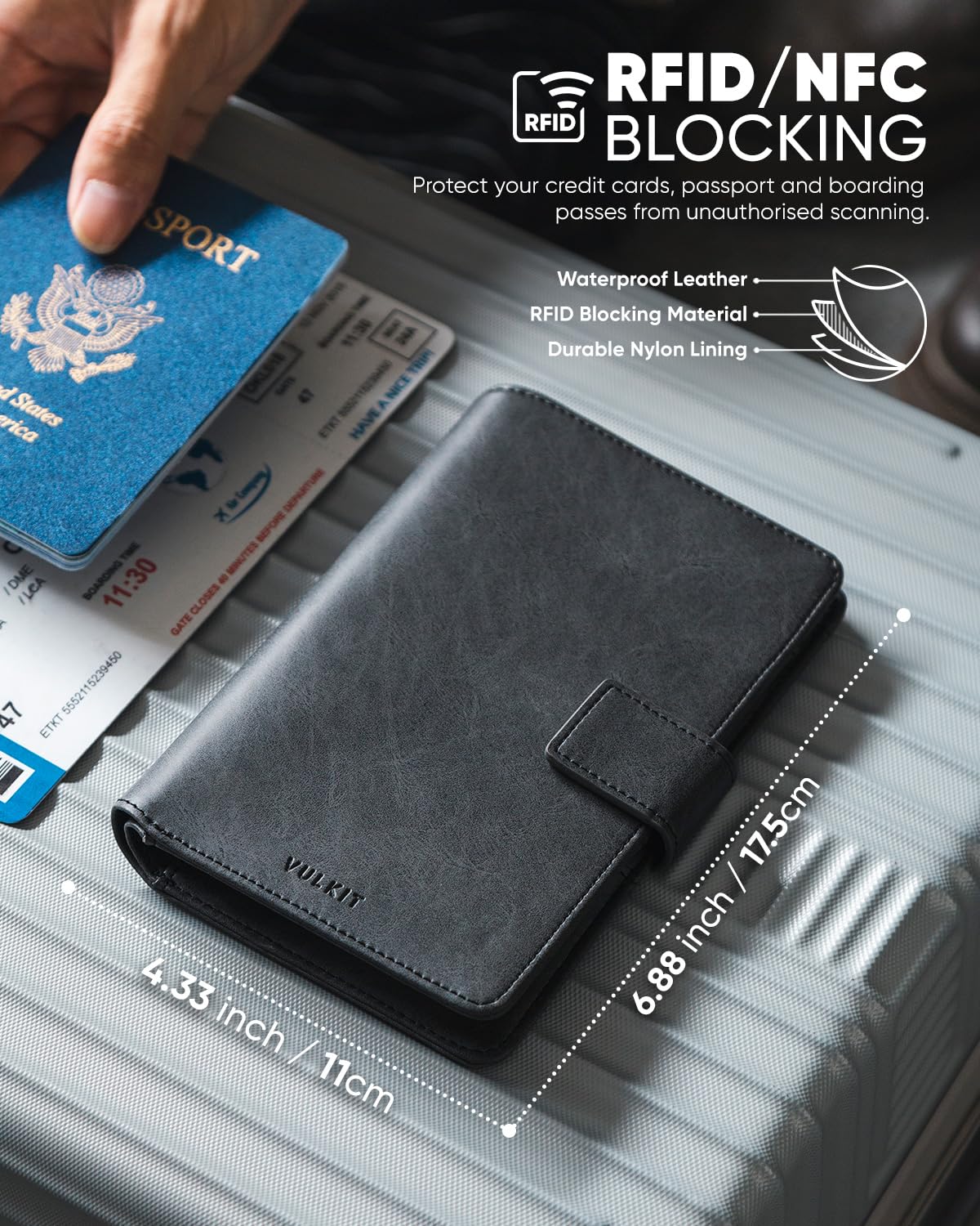 VULKIT Passport Wallet Compatible with Airtag Holder Bifold Travel Card Holder, Black