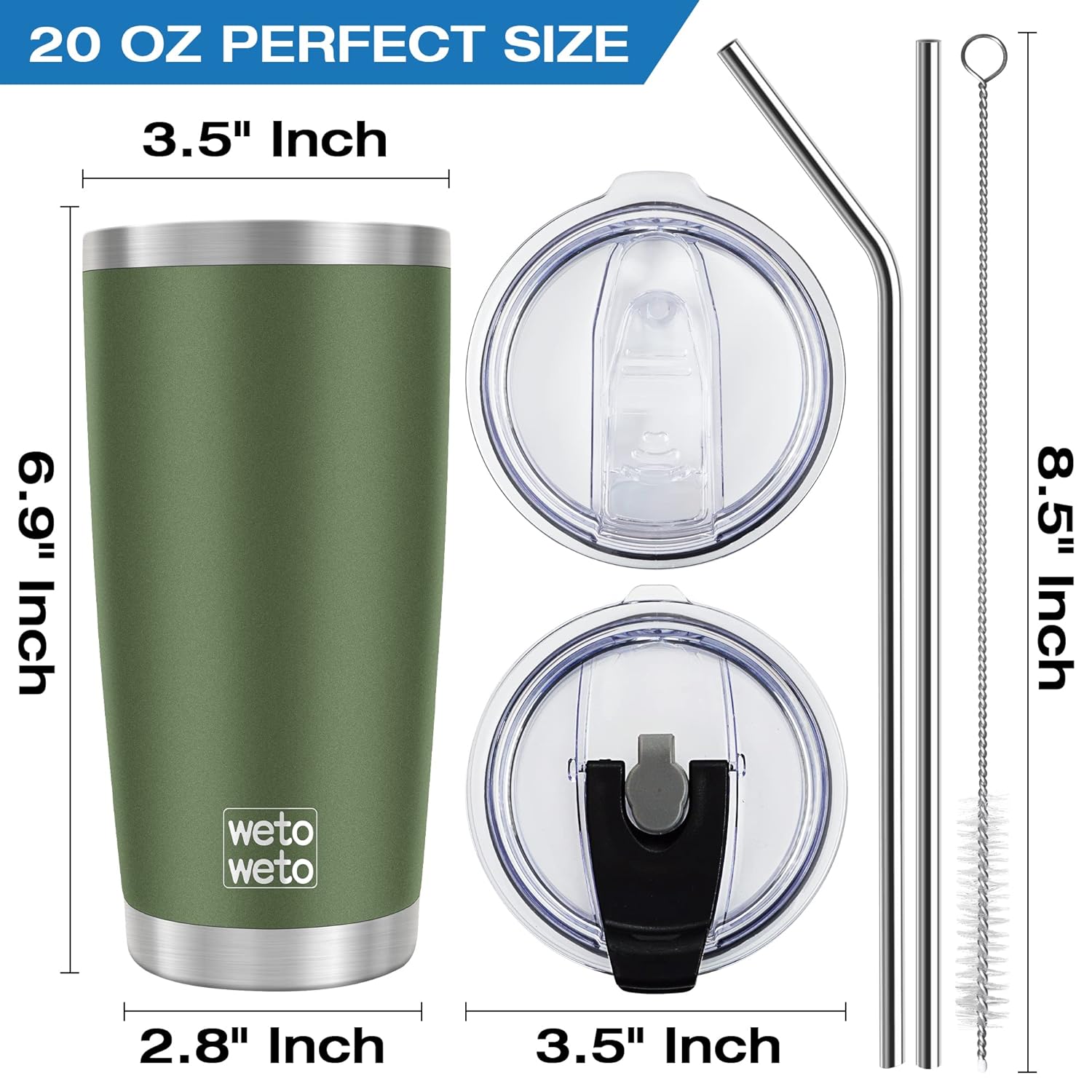WETOWETO 20oz Insulated Stainless Steel Tumbler, Coffee Tumbler with 2 lids and 2 straws, Double Wall Vacuum Travel Coffee Mug, Powder Coated Leak-Proof Tumbler Cup for Travel (Army Green,1 Pack)