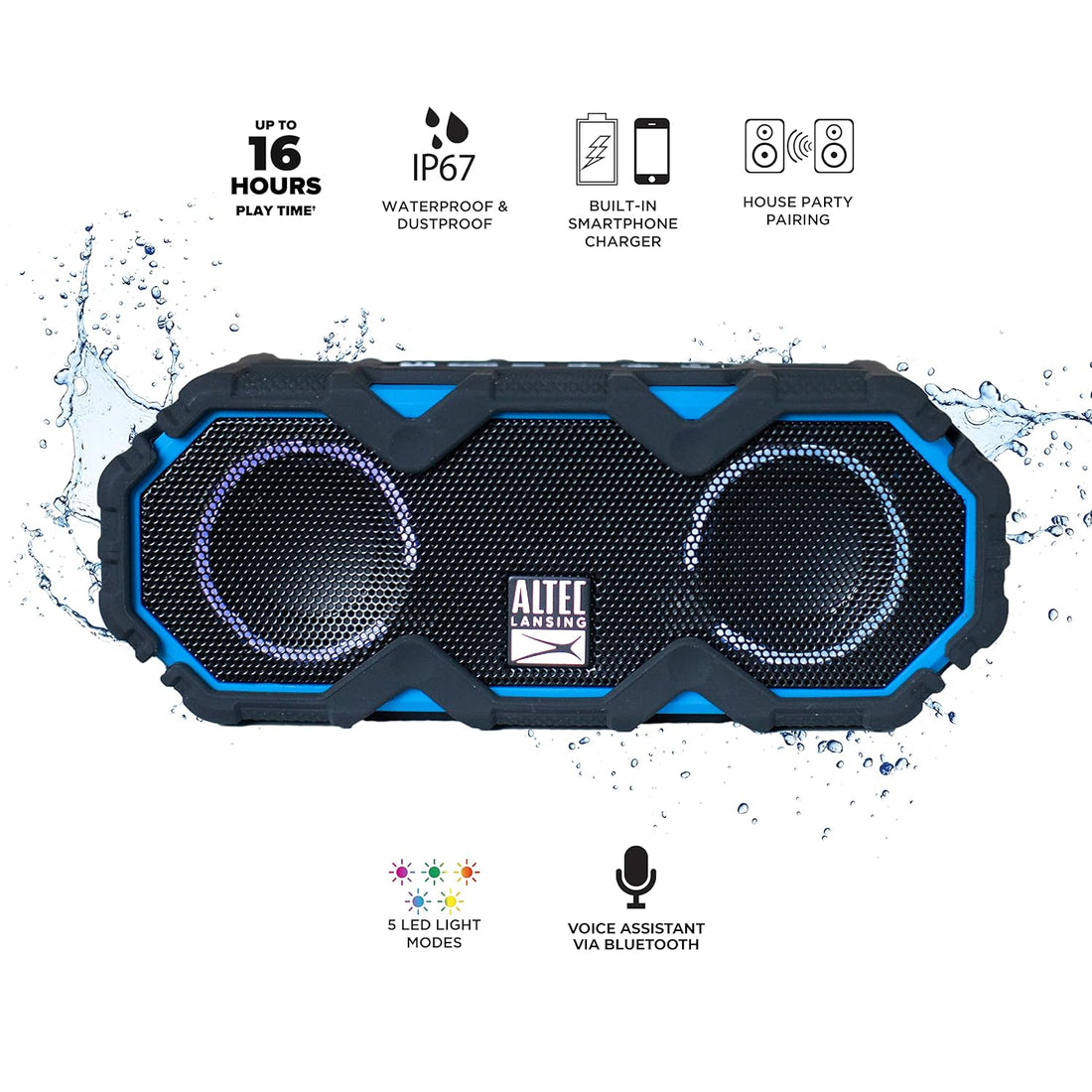 Altec Lansing LifeJacket Mini - Waterproof Bluetooth Speaker with Lights, Portable Wireless Speaker for Pool, Beach, Hiking, Sports, Camping, 16 Hour Playtime, Floats in Water