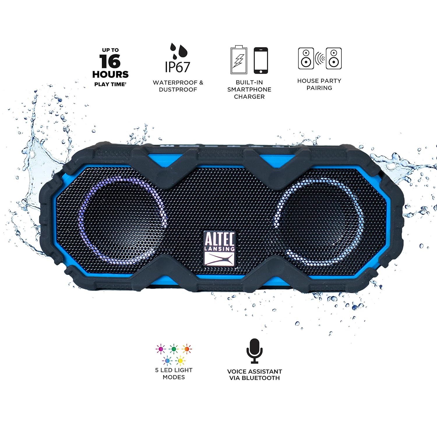 Altec Lansing LifeJacket Mini - Waterproof Bluetooth Speaker with Lights, Portable Wireless Speaker for Pool, Beach, Hiking, Sports, Camping, 16 Hour Playtime, Floats in Water