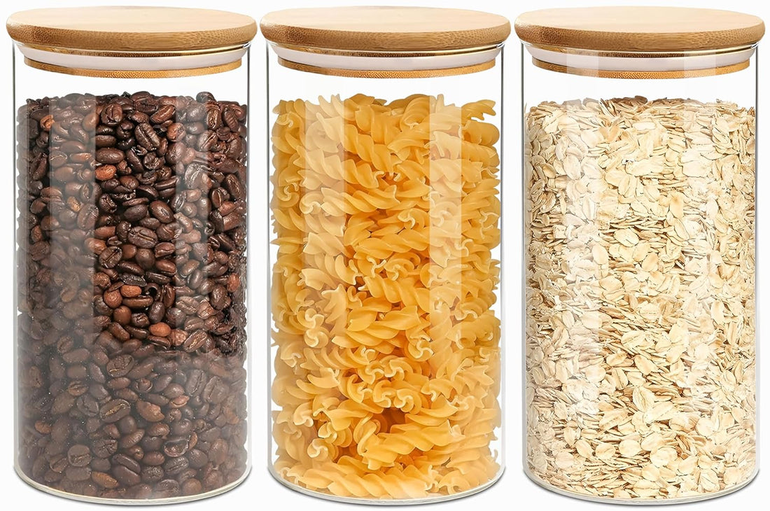 VIEWELLD Glass jar with bamboo lid 50FL OZ [3-piece set], glass jar with airtight lid, glass food storage container, used for oats, coffee, flour, sugar, rice, most suitable for kitchen (Circular)