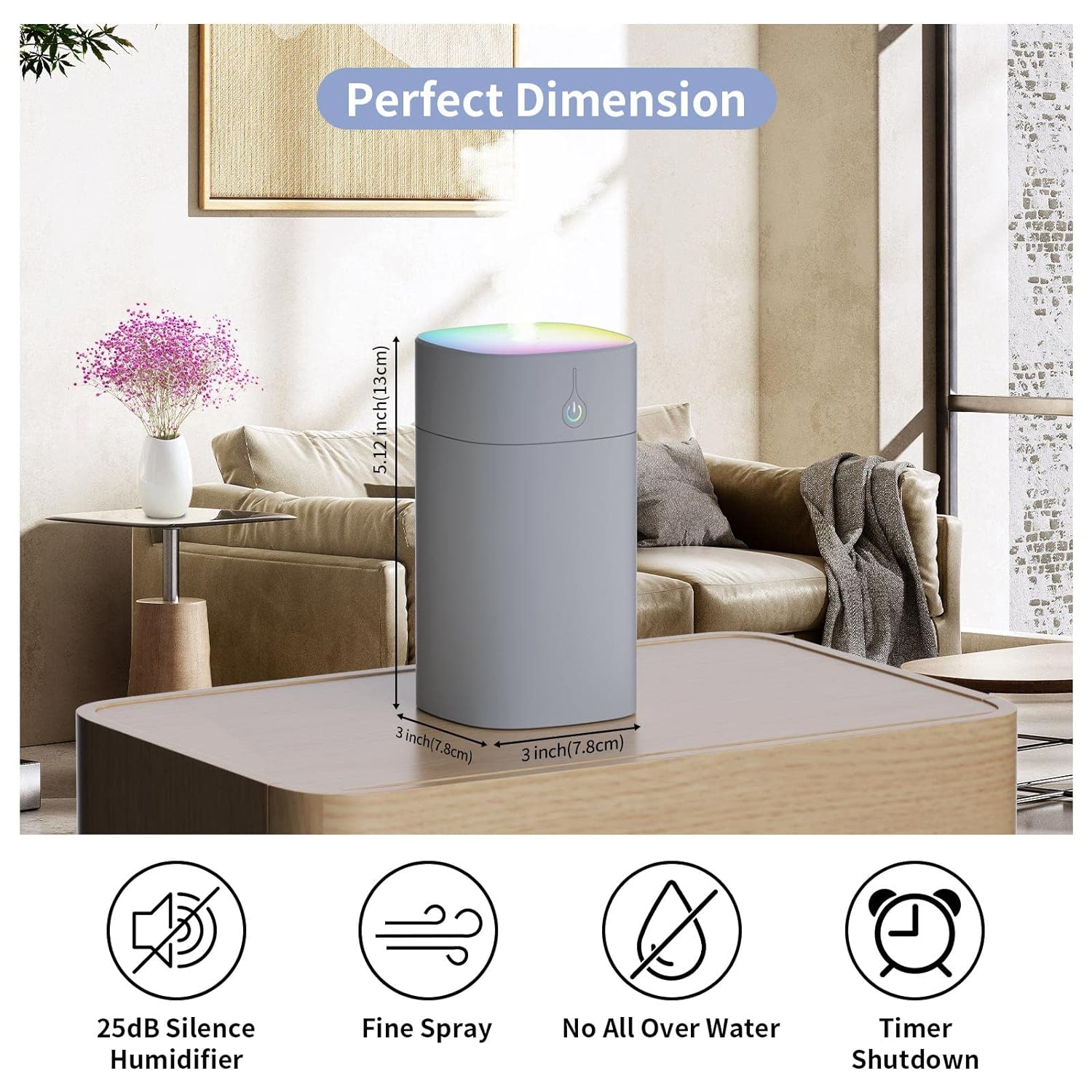 Humidifiers for Bedroom Colorful Cool Mist Humidifier 350ML Portable Mini Humidifier with Night Light,Jelison Auto Shut-Off, 2 Mist Modes,Super Quiet, for Home,Office,game,Grey