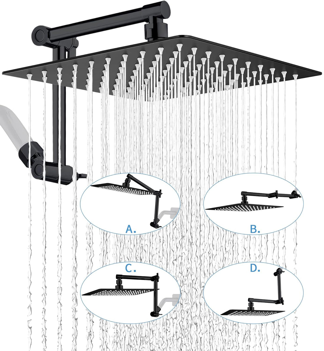 G-Promise Rain Shower Head with 13" Adjustable Extension Arm | High Pressure Solid Metal Rainfall Showerhead | 10" Luxury Morden Look Square Large Waterfall Showerhead (Matte Black)