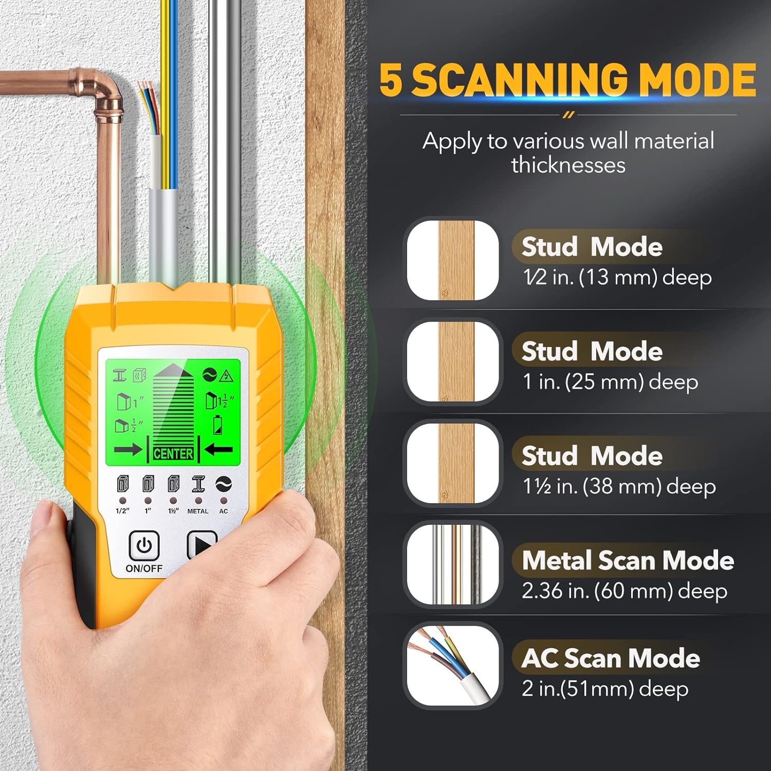 Stud Finder Wall Scanner Sensor - 5 in 1 Upgraded Electronic Wall Wood Stud Finder Metal Edge Center Beam Finders Stud Sensor Detector for Metal Wood Pipe Studs Joist Live AC Wire Drywall Detection