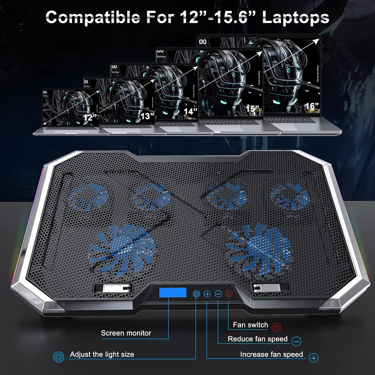 LIENS Laptop Cooling Pad, 6 Quiet Cooling Fans Ergonomic Comfort Notebook Cooler, Gaming Laptop Cooler Stand for Up to 17"