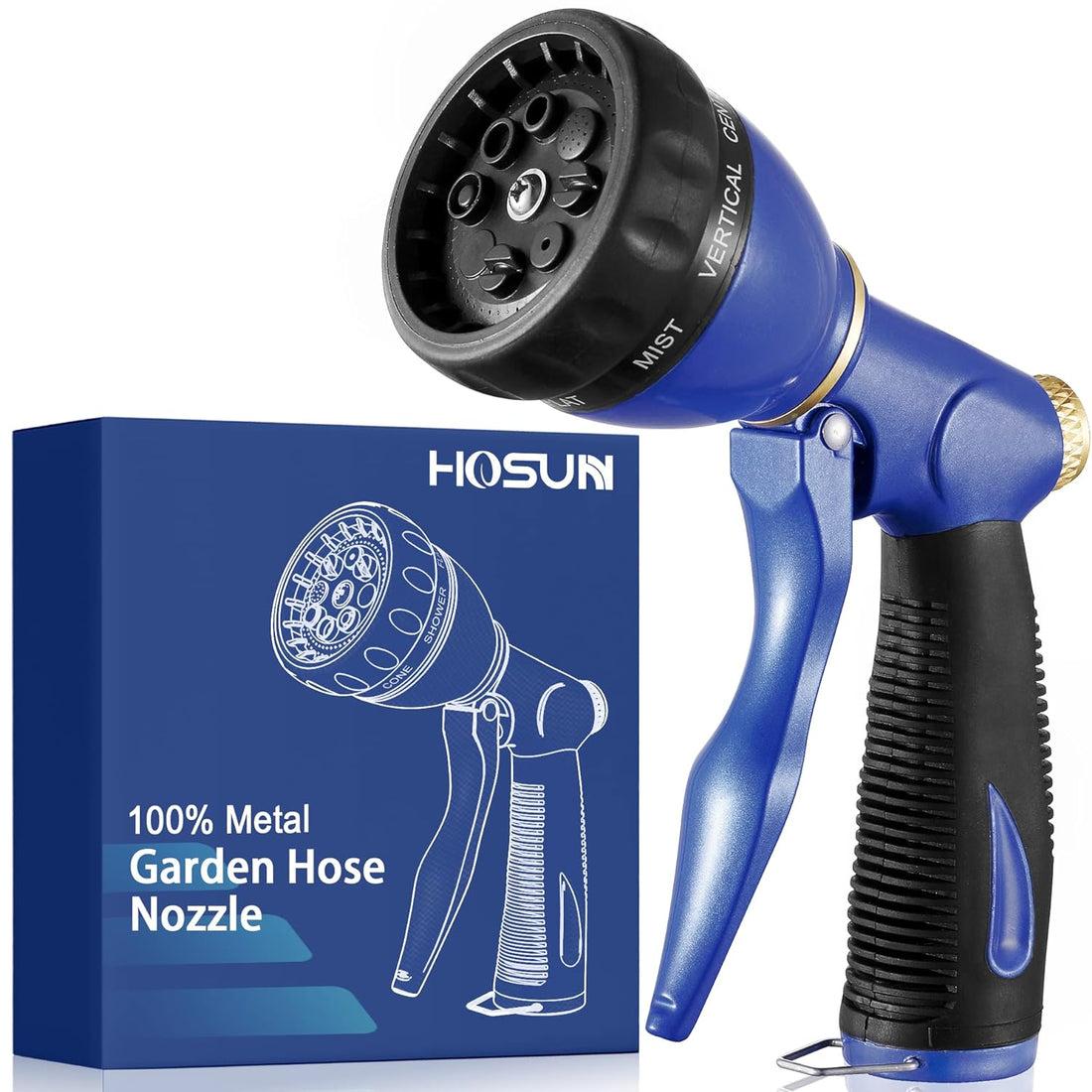 HOSUN Garden Hose Sprayer Nozzle 100% Heavy Duty Metal, Water Hose Nozzle with 8 Different Spray Patterns, High Pressure Hose Spray Nozzle for Watering Plant & Lawn, Washing Car & Pet