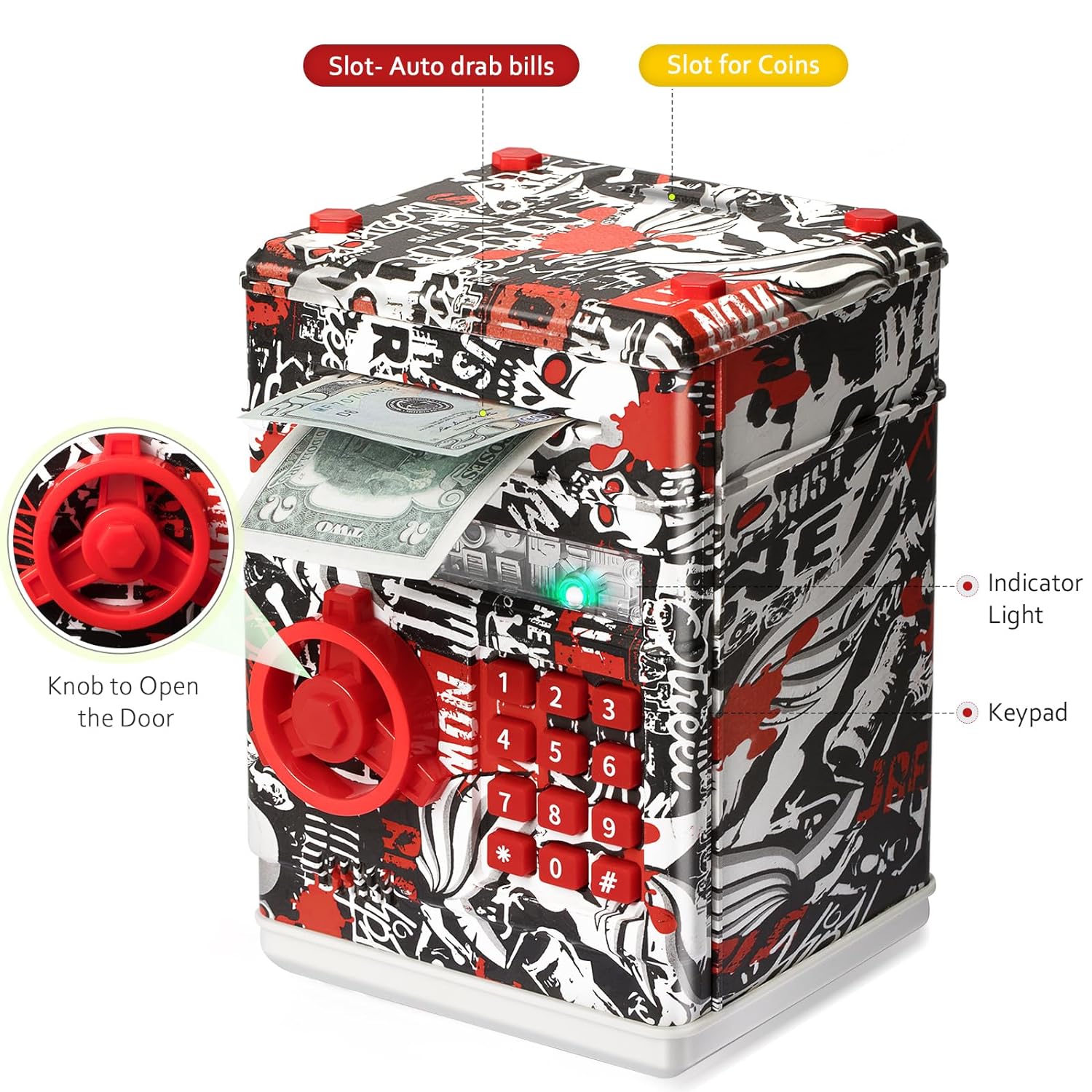 ATM Piggy Bank for Boys Girls, Vcertcpl Mini ATM Coin Bank Money Saving Box with Password, Kids Safe Money Jar for Adults with Auto Grab Bill Slot, Great Gift Toy Bank for Kids (Large, TY-RedBlack)